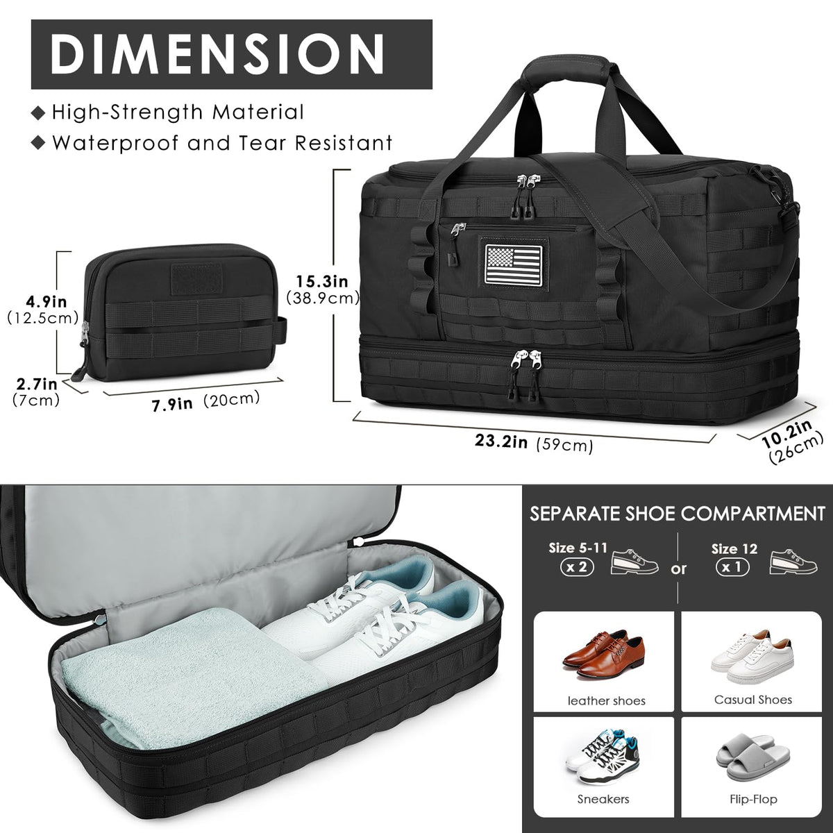 ETRONIK Travel Bag for Men Women, Gym Bag & Tactical Duffle Bags for Travel, Carry on with Toiletry Bag and Shoe Compartment, Weekender Overnight Trip with Wet Pocket for Workout Medical, Black