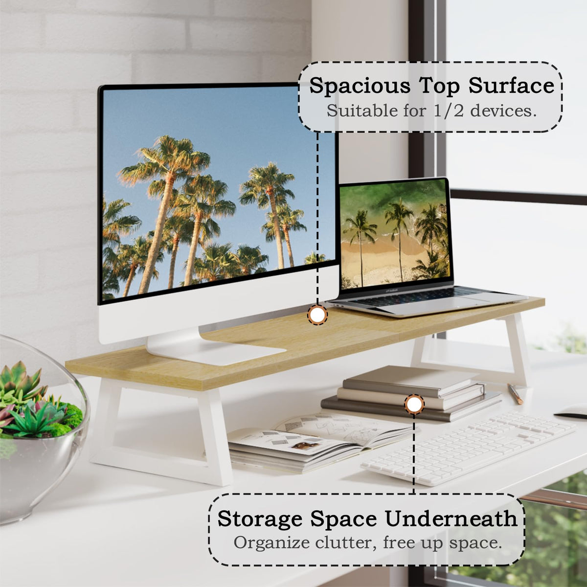 TEAMIX 31.5 inch Dual Monitor Riser - Wide TV Stand for 2 Monitors - Wood & Steel Desktop Riser for Dual Screen Office Desk Organization