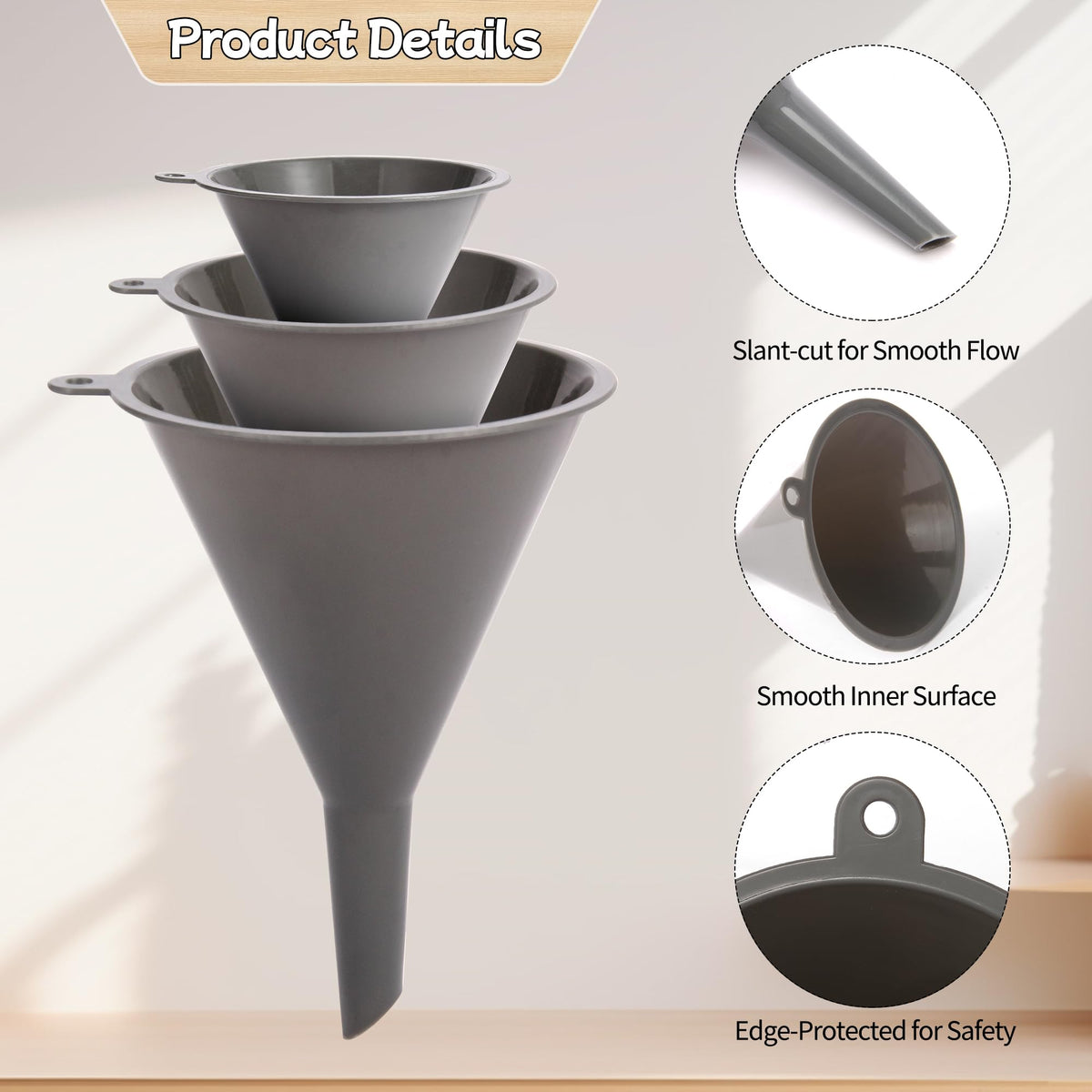 Plastic Kitchen Funnel Set of 3 with Clean Brush, BPA Free Round Food Funnels for Kitchen Use, Multifunctional Funnels for Filling Canning&Bottles, Suitable for Cooking, Lab and Automotive Use
