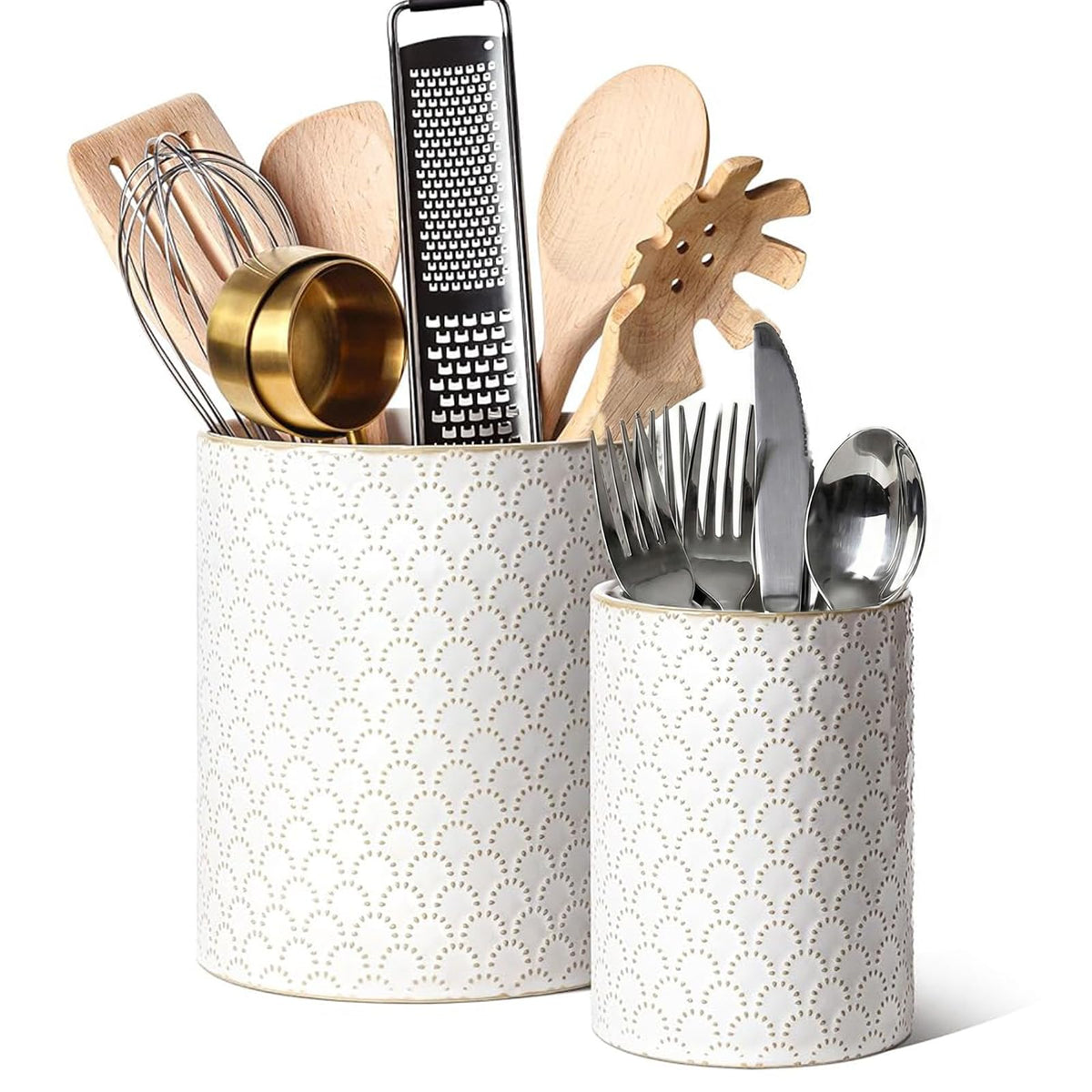 LE TAUCI Kitchen Utensil Holder for Countertop - 7.1"+5.4" Ceramic Utensil Crock Set of 2, Large Cooking Utensil Organizer for Spatula, Spoon, Whisk - Farmhouse Storage, Embossed, Fireworks
