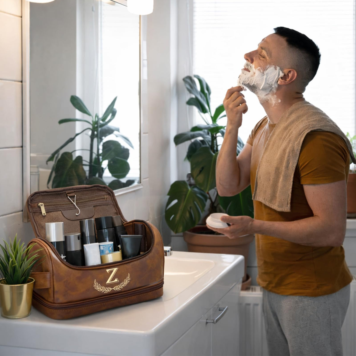 Sparklove Personalized Gifts for Men -Personalized Initial Toiletry Bag with Laser Engraved Monogram - Leather Travel Kit Shaving Organizer - Unique Present for Him, Husband, Boyfriend, Dad