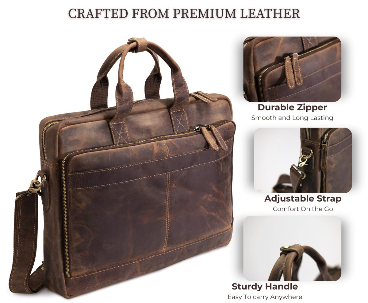 NomadCraftsCo. Brown Leather Messenger Bag for Men, Genuine Leather Briefcase, 18 Inch Work Satchel for Office, Travel, and Business Use