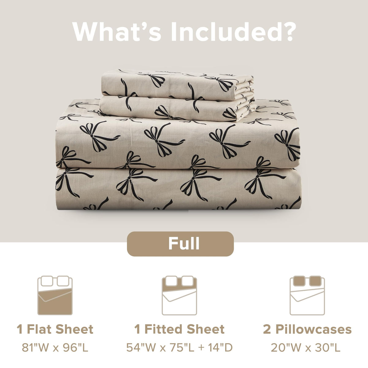 Comfort Spaces 100% Cotton Sheets Full, Breathable, Naturally Cool Cotton Sheets, Soft Cotton Bed Sheets with 14" Elastic Pocket Fits up to 16" Mattress, All Seasons Sheet Set, Bow Black/Taupe 4 Piece