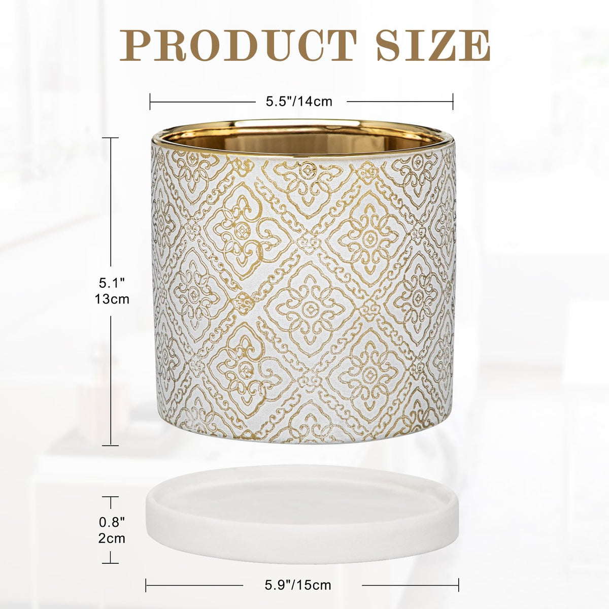 Ceramic Plant Pots with Drainage Hole & Saucer, White & Gold Ceramic Planter Pot for Indoor & Outdoor Use, 5.5" Small Plant Pots Decorative Flowerpots for Succulents, Herbs, Cactus, Orchids Planter