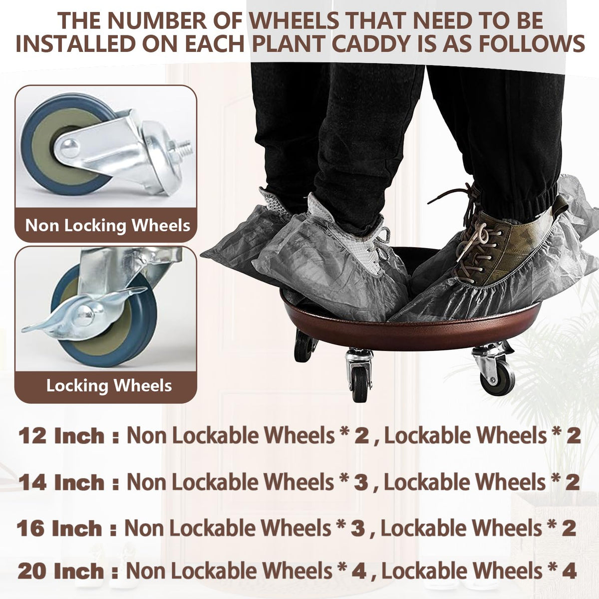 Tadpolebaby Heavy Duty Plant Caddy with Solid Rubber Wheels, Lockable, Increased Load Capacity, One-Minute Installation, Suitable for Indoor, Outdoor, Patio, Garden Settings, 16 Inches 3PACK, Brown