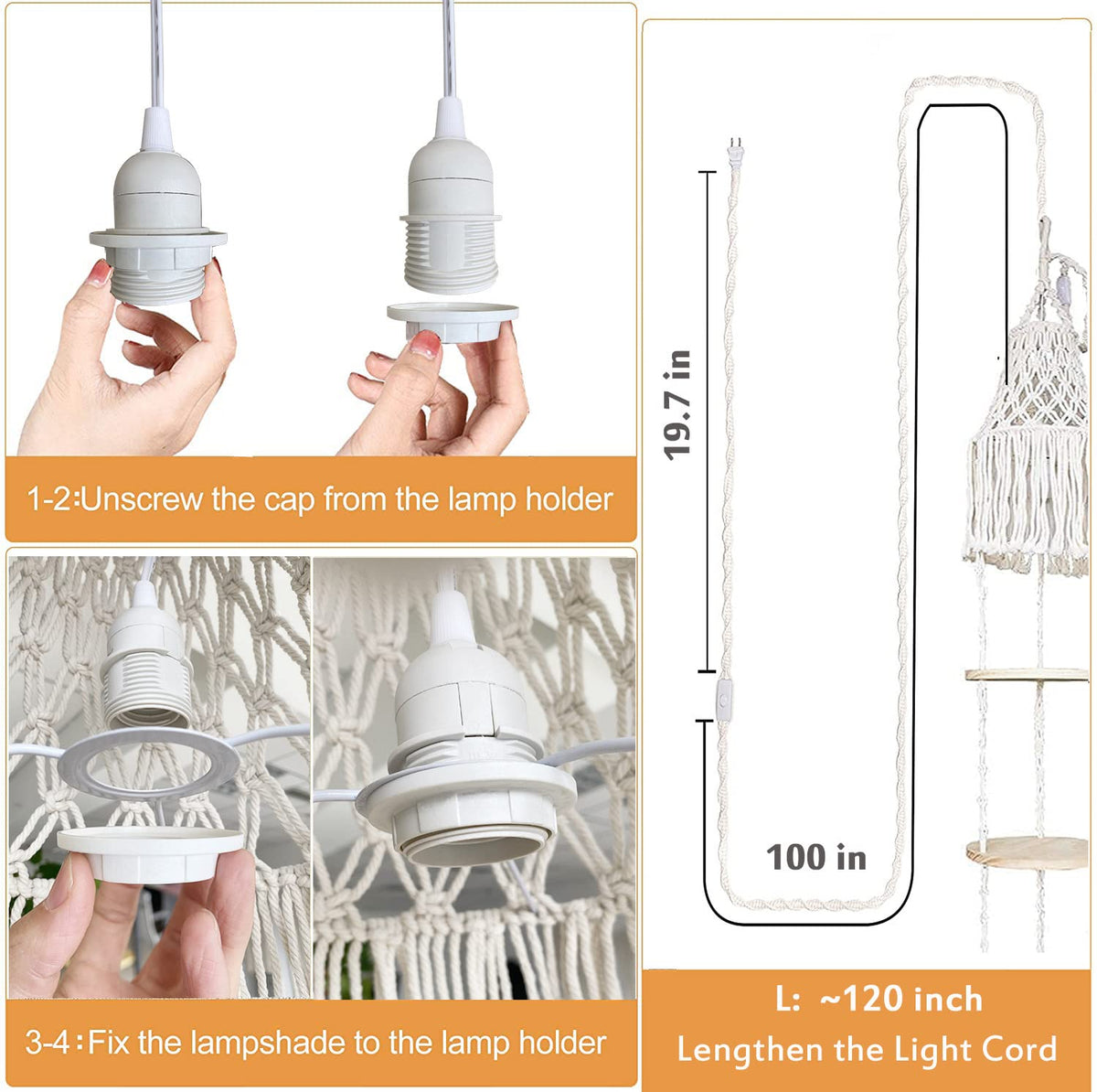 YKBU Macrame Plant Hanger Shelf Hanging Rope Shelf Indoor with Boho Lamp Shade 3 Tier Floating Round Shelves Decorative Shelf Flower Pot Holder Planter Display Rack Boho Home Decor-1 Set