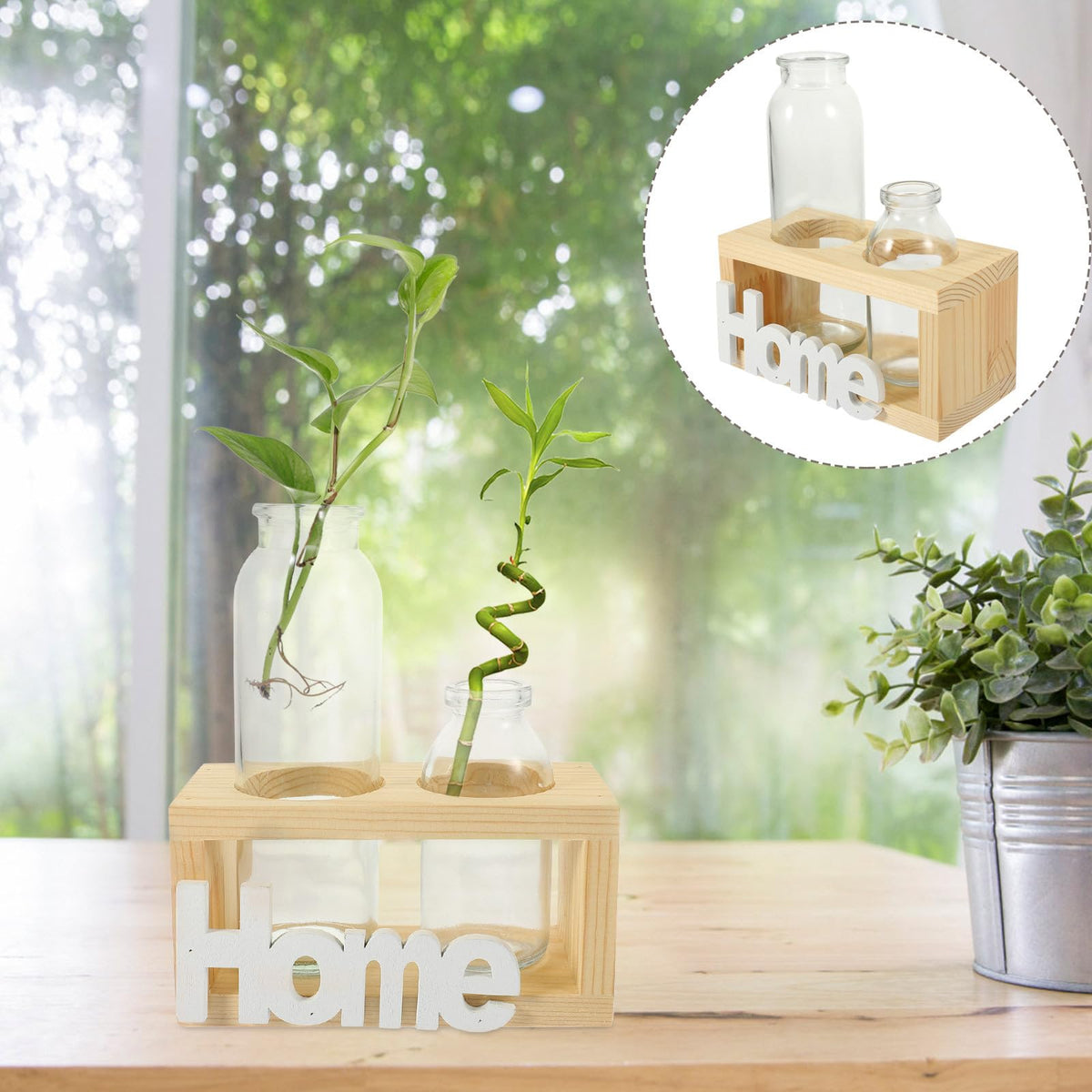 SEWACC Hydroponic Glass Planter with Wooden Stand, Nordic Style Indoor Plant Vase for Desktop Terrarium and Table Centerpiece Home Décor Set with 2 Glass Vases