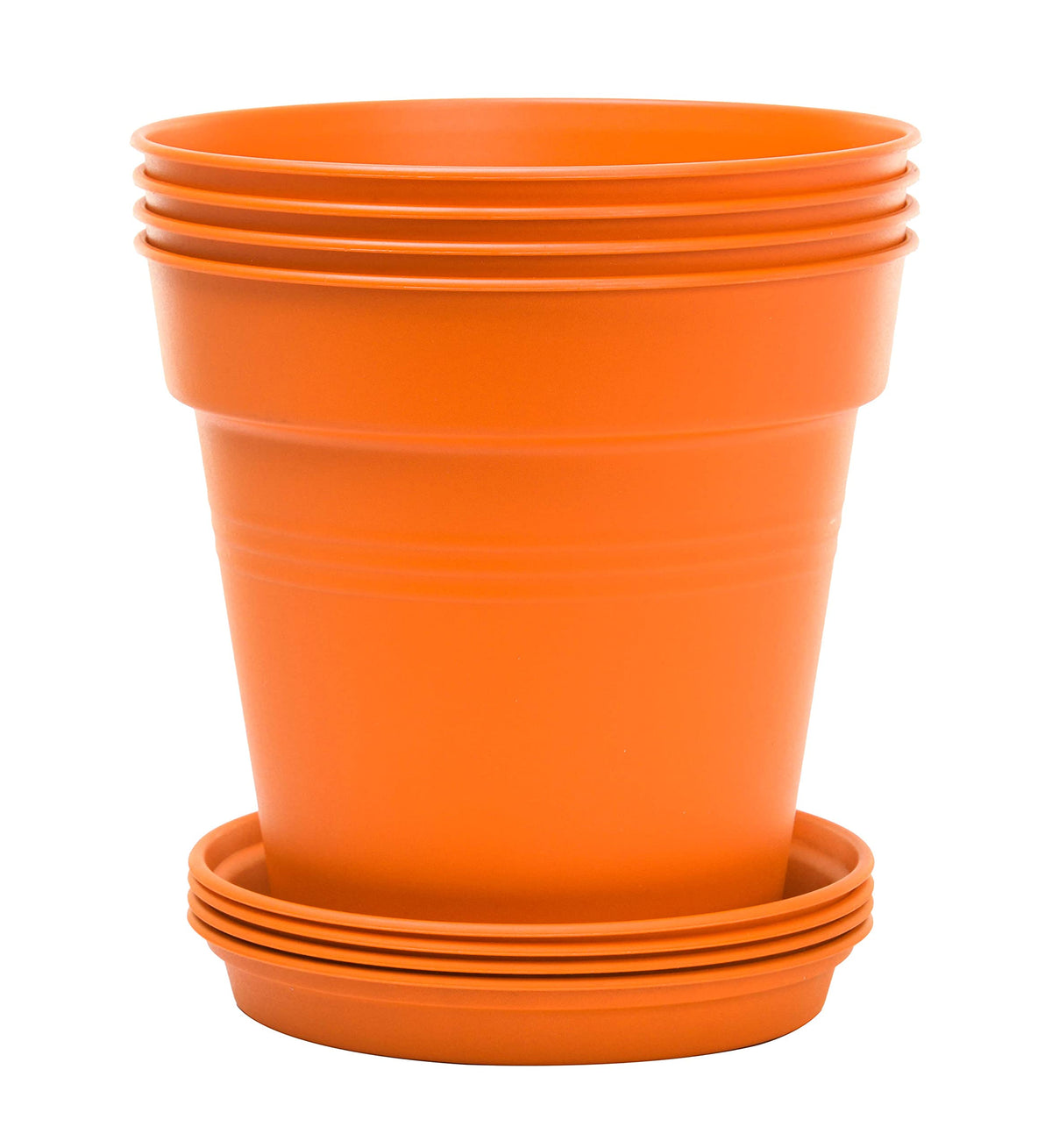 Mintra Garden Pots, 4 Pack Bulk Plastic Plant Pots with Drainage Tray, Round Indoor & Outdoor Decorative Planters with Drain Holes for Flowers, Herbs & Plants, 19cm Diameter – Orange, 7.5 in