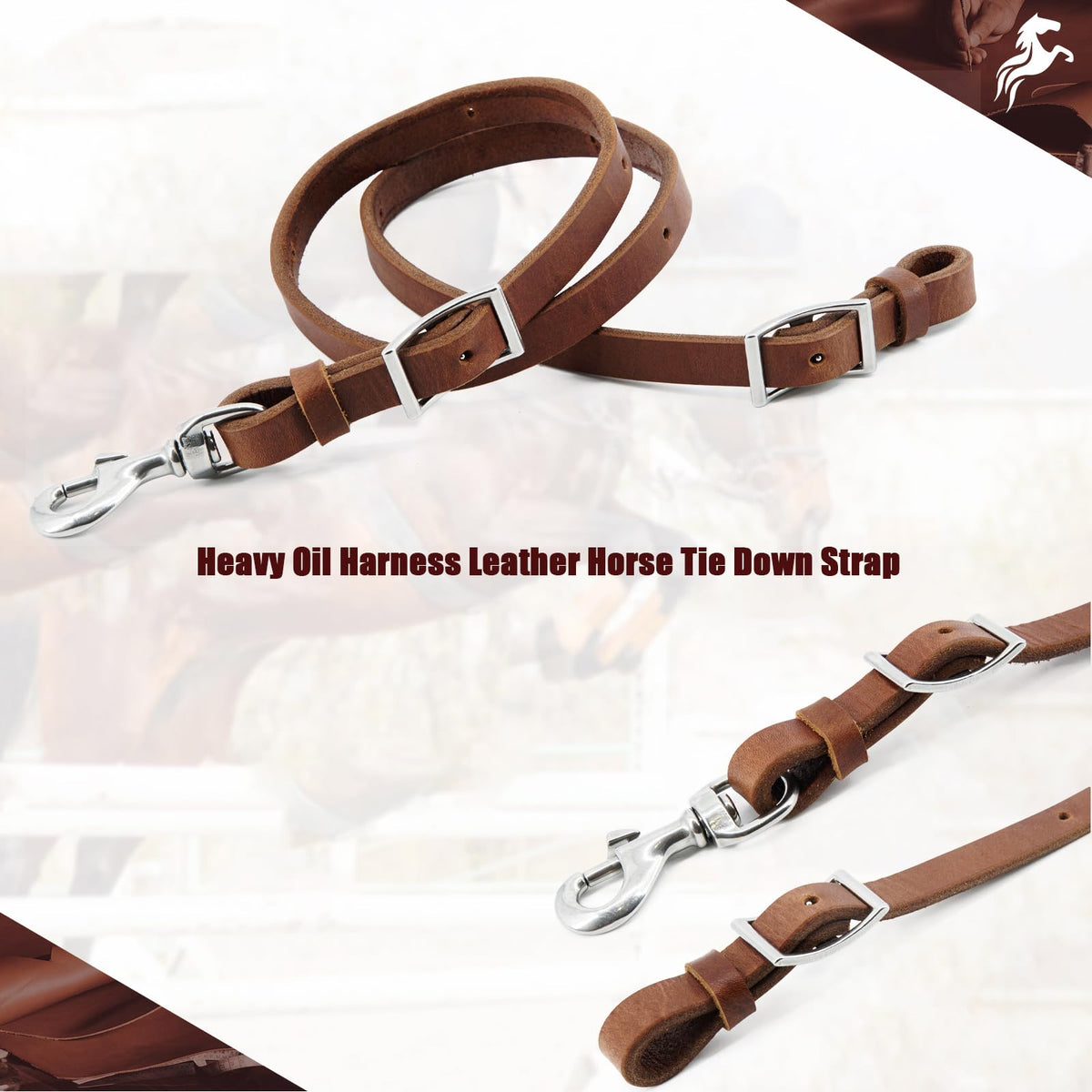 Jeereal Heavy Harness Leather Western Roper Rein,Barrel Reins for Horses, Round Trail Rein,Stainless Steel Hardware,Rich Brown,5/8" x 7'
