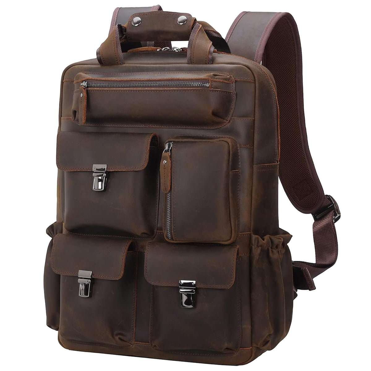 Masa Kawa Leather Backpack for Men Vintage 15.6 Inch Laptop Bag Multi Pockets Casual Work Travel Camping Daypack (deep brown)
