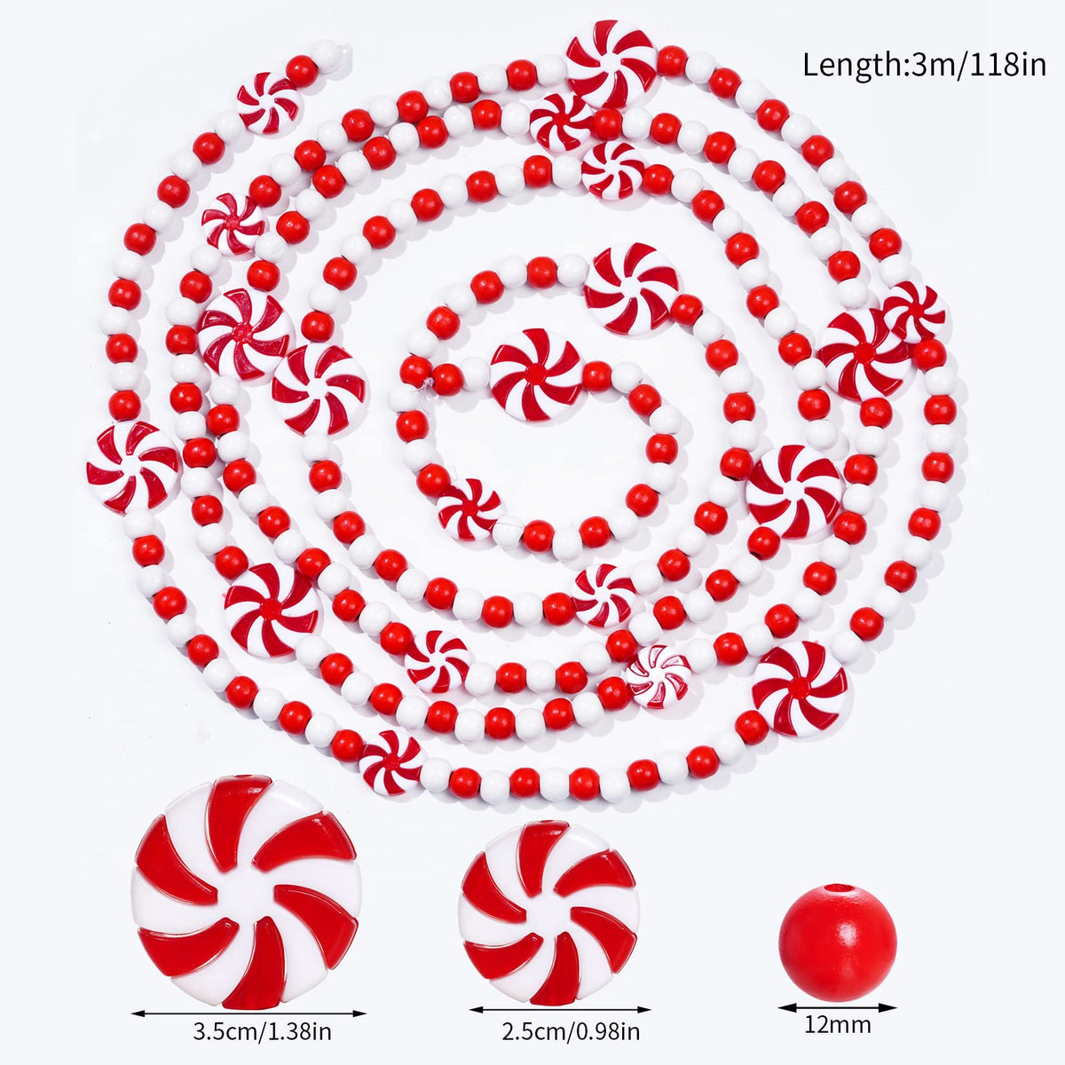 obmwang 10 Feet Christmas Wooden Bead Candy Garland Red and White Peppermint Candy Bead Garland for Xmas Party Supplies Holiday Decor