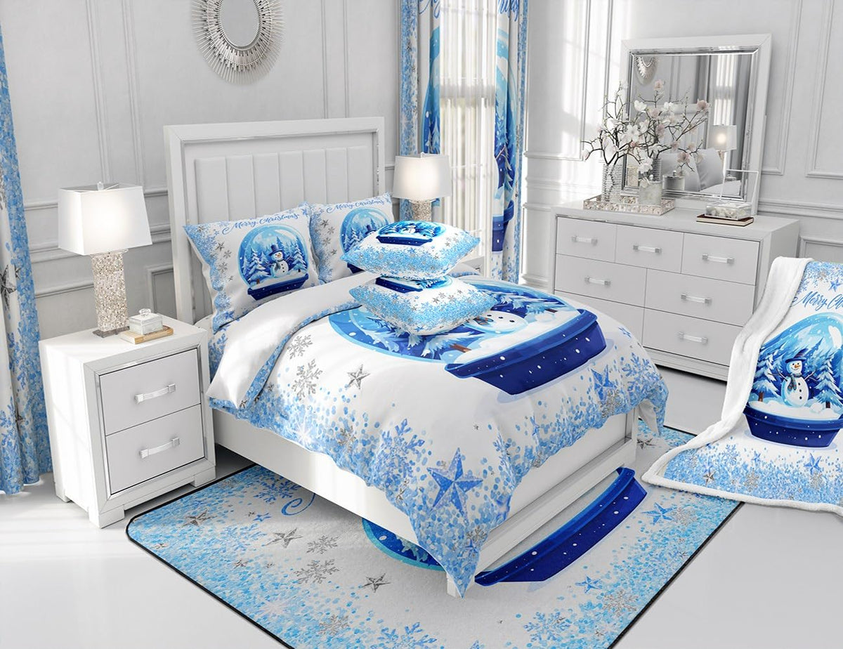 Snowman Xmas Tree Duvet Cover Set Twin Size,Merry Christmas Bedding Set,Sliver Blue Glitter Snowflake Comforter Cover for Kids Boys Girls Teens Room Decor,Fantasy Winter Quilt Cover,1 Pillowcase