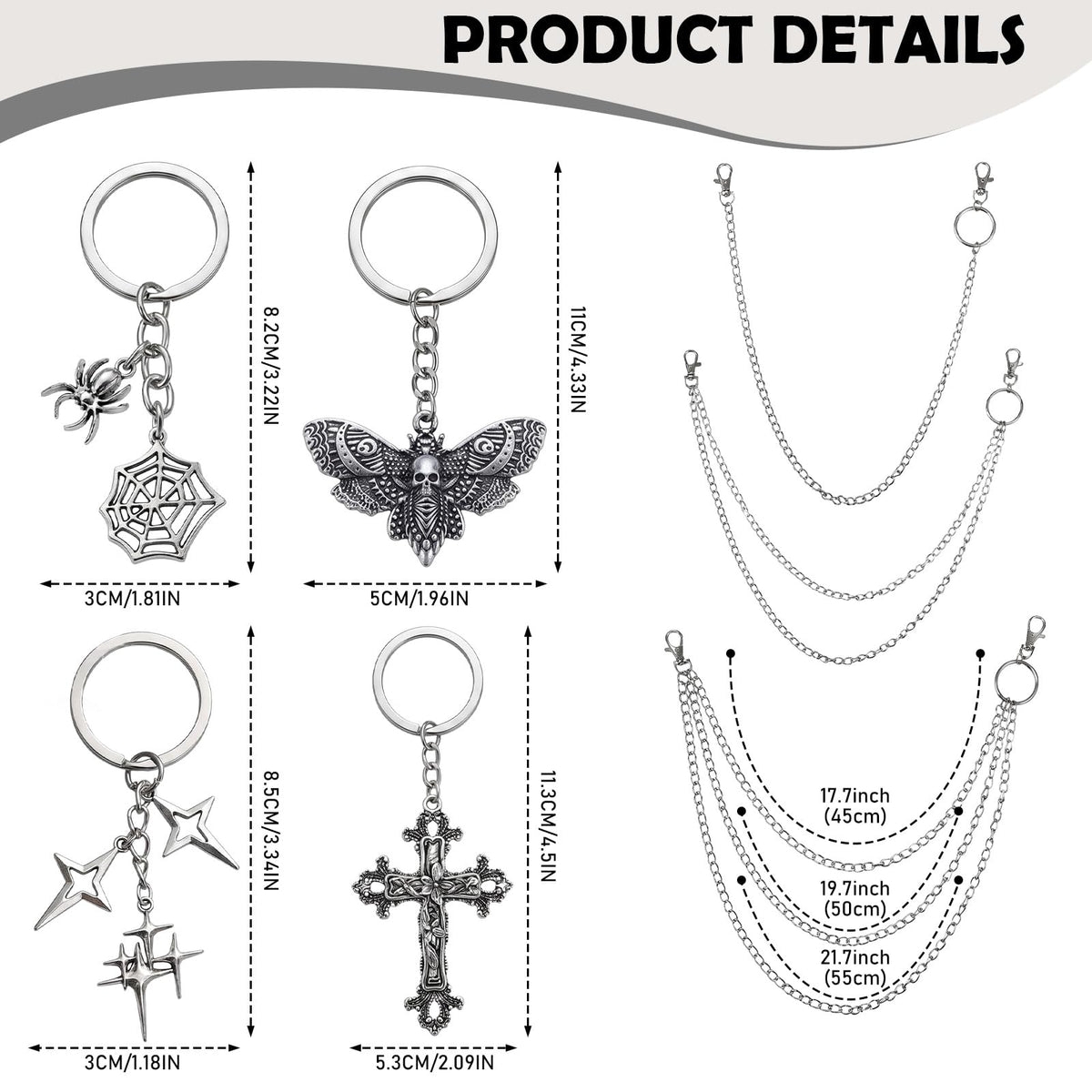 Thrist Punk Jeans Chains Keychain Set - 7 Pieces Y2K Goth Grunge EMO Layered Chunky Pants Chain Keychain Set Silver Star Belt Chains Keychains Jewelry Accessory for Women Men Jeans Bag Pocket Wallet