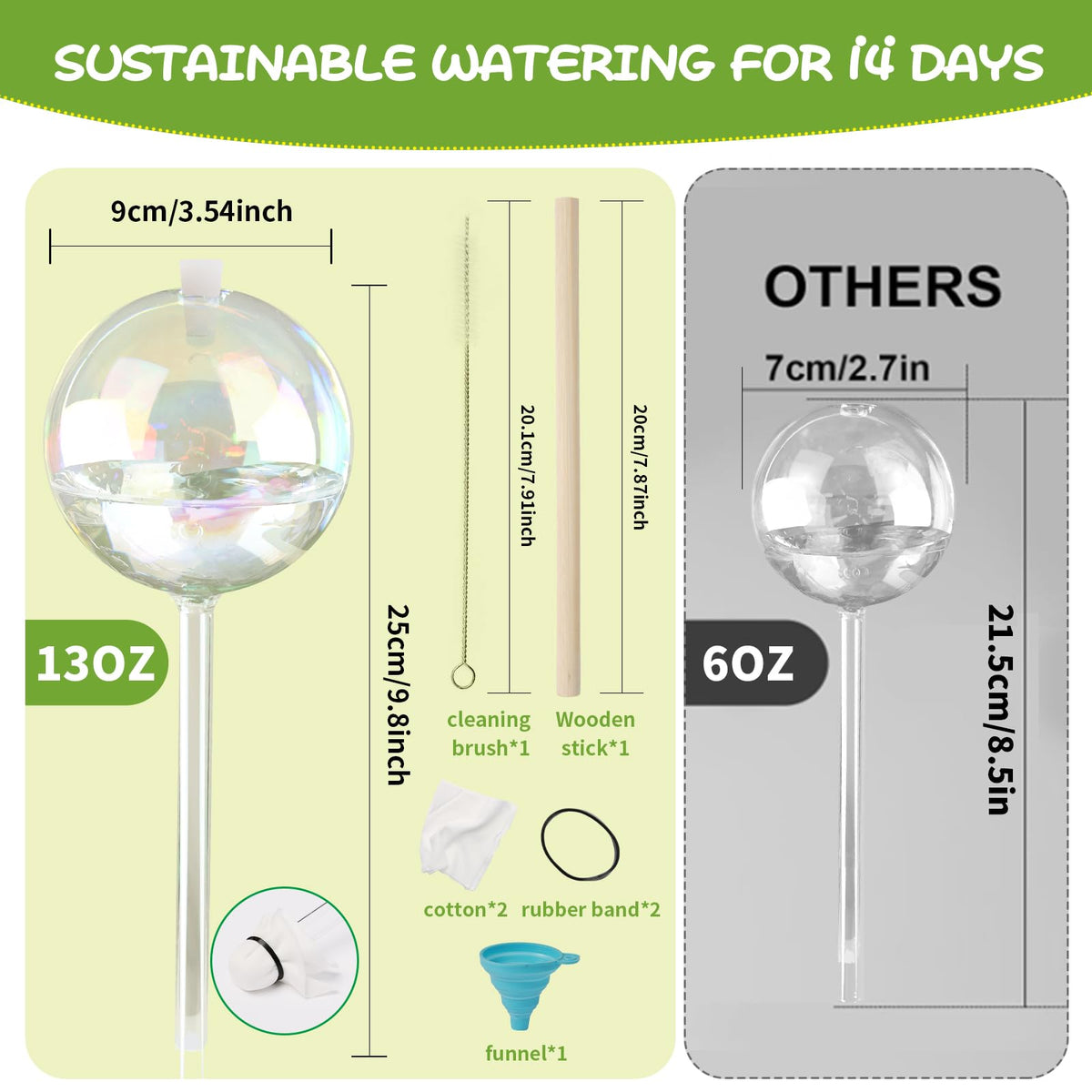 13 oz Up to 2 Weeks Large Self-Watering Plant Watering Globes, Self Watering Planter Insert, Glass Bulbs for Indoor & Outdoor Plants - Automatic Watering While Away or Vacation (Large 2-Pack)