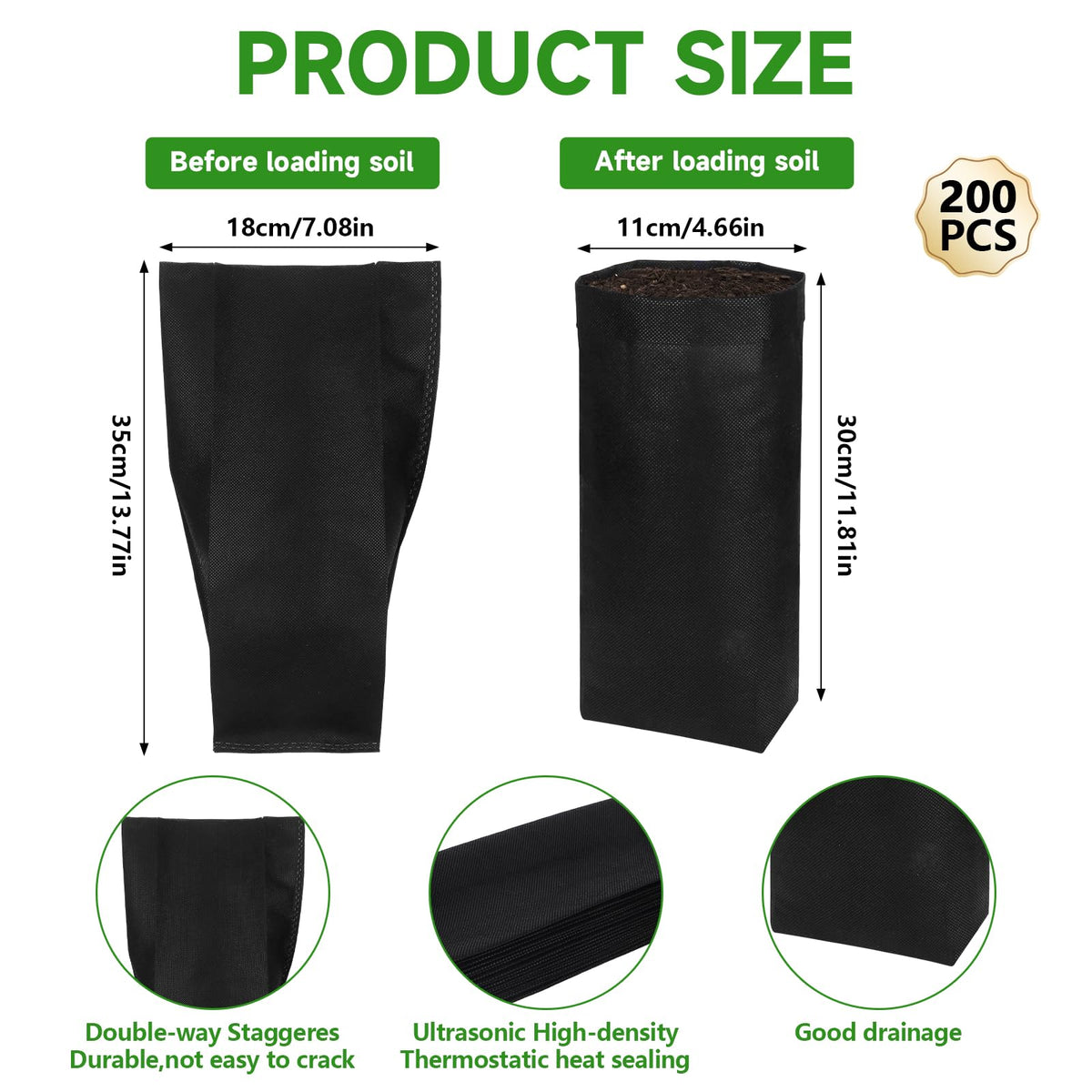 200PCS Nursery Bags 13.5" H Plant Grow Bags Black Biodegradable Non-Woven Fabric Grow Bags Breathable Fabric Pots Heavy Duty Cloth Pots for Vegetable Flower Seed Starting Plant Grow Soil Transplant