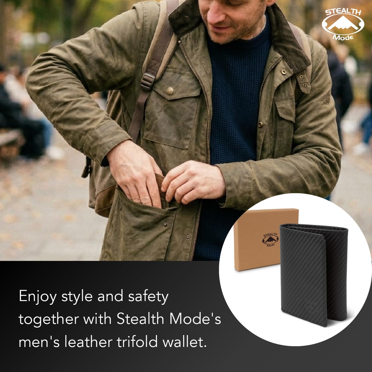 Stealth Mode Trifold Leather Wallet for Men with RFID Blocking (Carbon Fiber)
