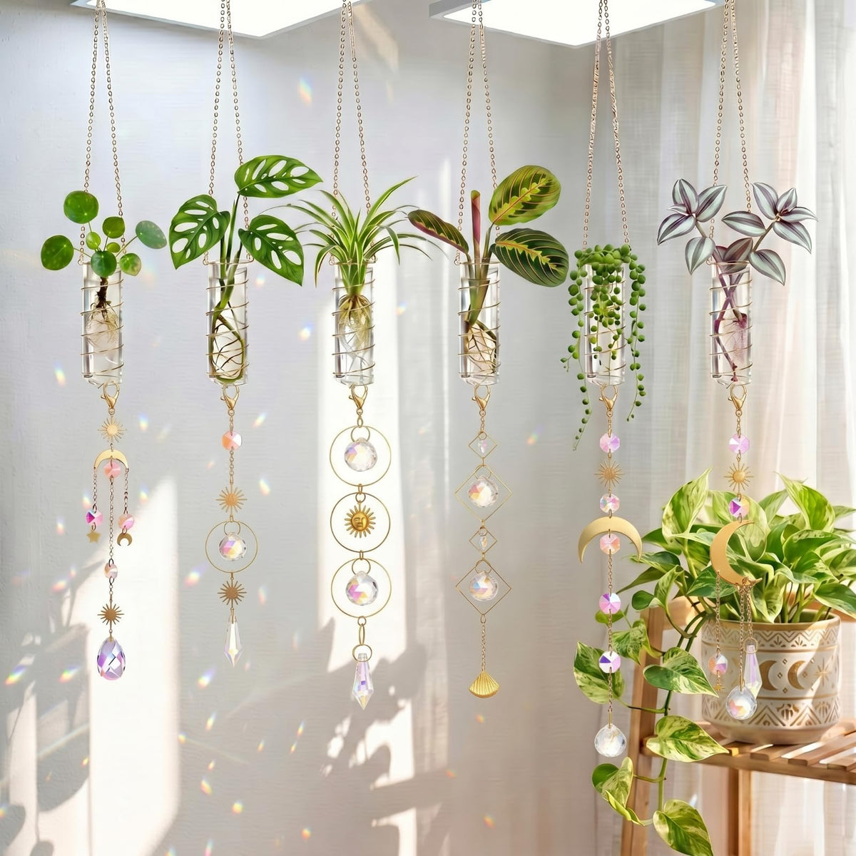 Ferrochef 6 Pcs Plant Propagation Station Colorful Crystal Suncatcher, Handmade Boho Rooting Vase, Hanging Window Plant Propagator Stations Suncatcher with Chain Pendant Ornament Balls
