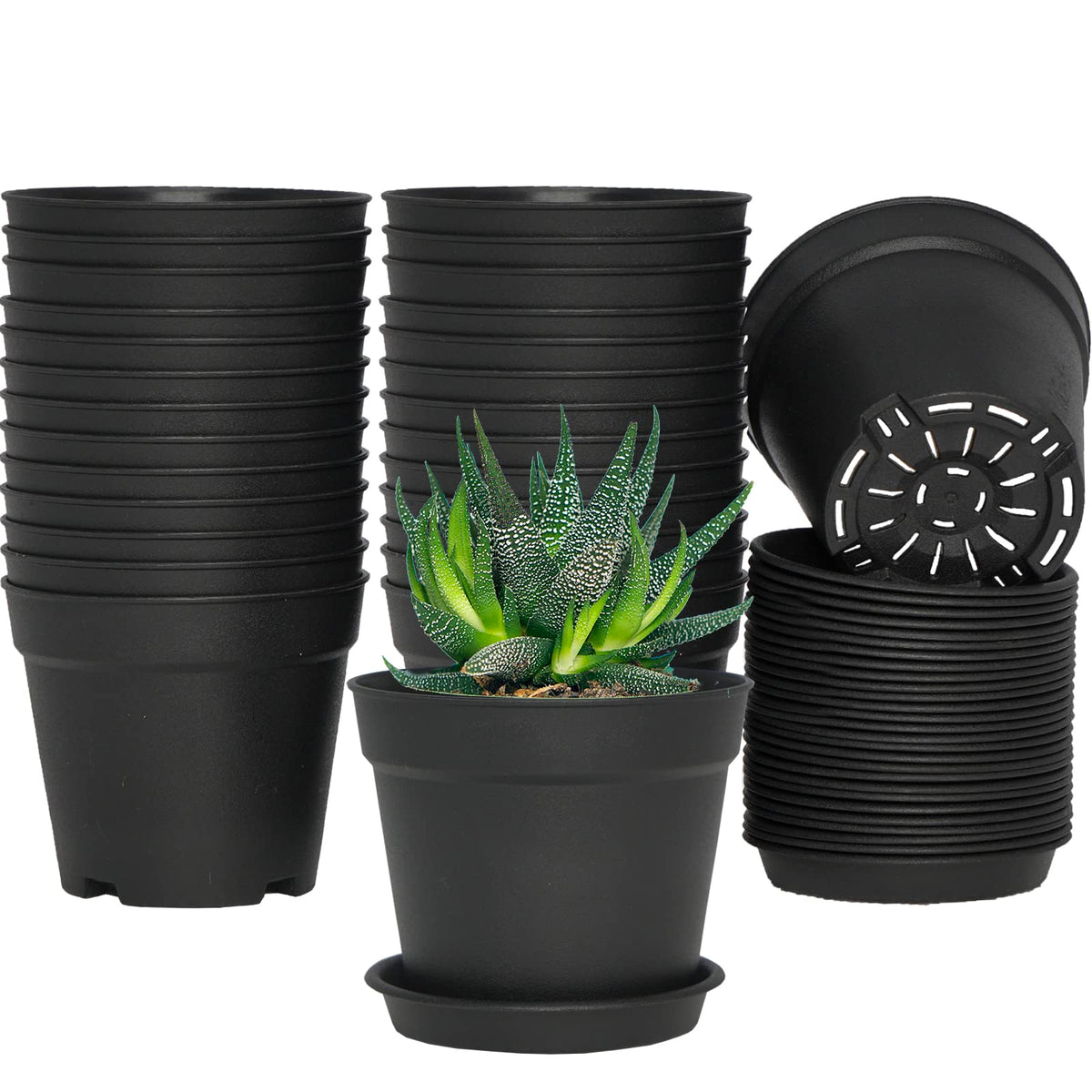 SwinDuck 4 inch Small Plant Pots, 28 Pack Plastic Planters with Drainage Holes and Saucers for Flowers Plants, Succulents, Seed Starting Pots, Black