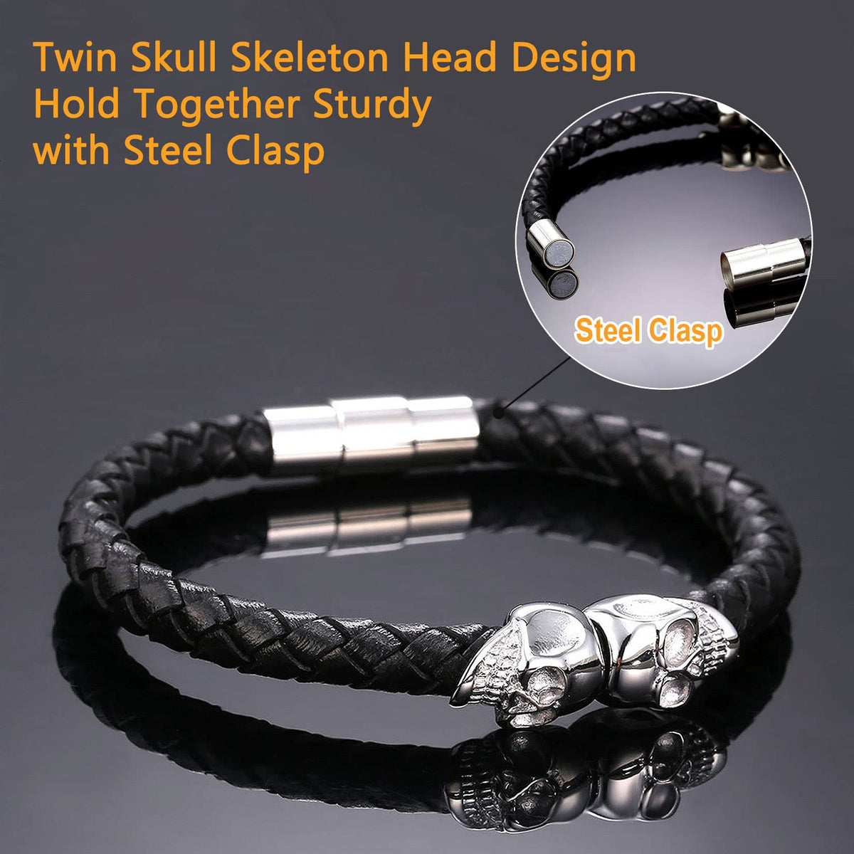 U7 Personalized Skull Bracelets Men Biker Surfer Bracelet Bangle with Stainless Steel Clasp, Braided Black Leather Gothic Twin Skeleton Cuff Bracelet (8.3")