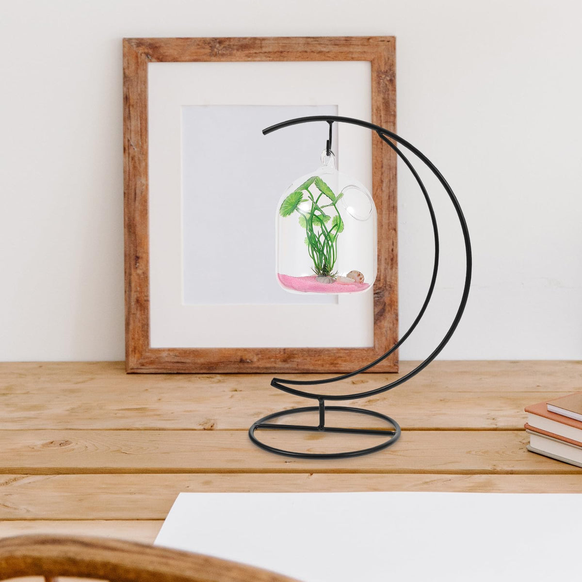 Luxshiny 2pcs Moon-shaped Hanging Hook Stand for Ornament Display and Indoor Terrarium Holder, Black Metal Hanging Rack for Air Plants, Glass Globe, and DIY Moss Micro Landscape Decor