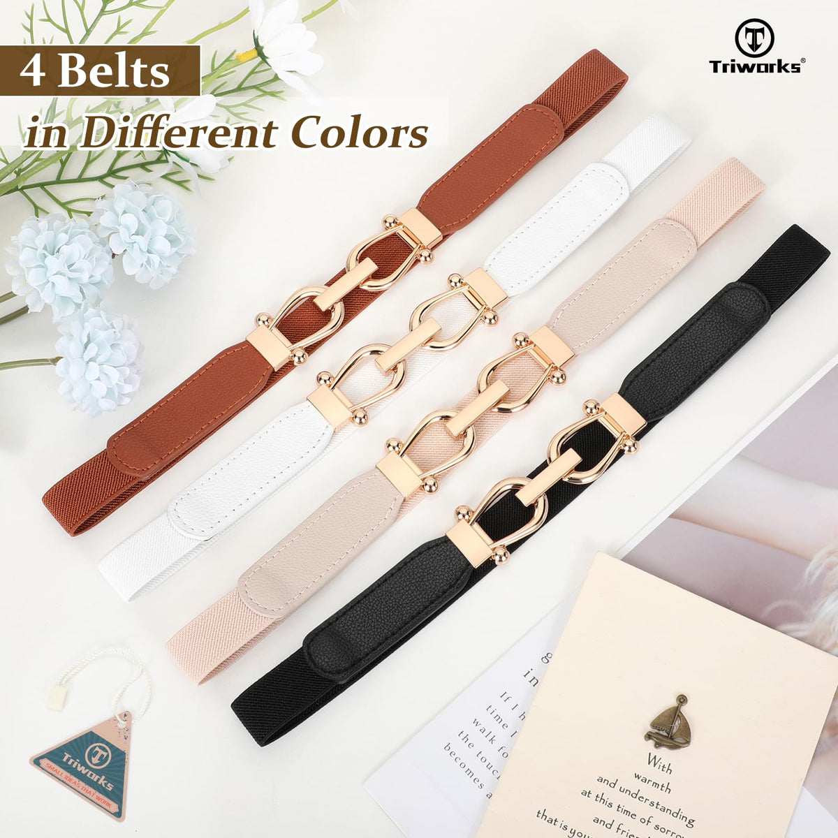 TRIWORKS 4 Pack Skinny Elastic Belts for Women Gold Buckle Thin Stretchy Waist Belts for Dresses