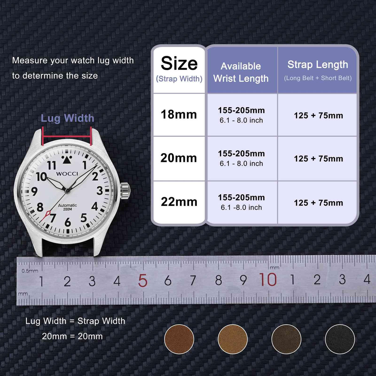 WOCCI 20mm Elite Watch Band, Top Grain Leather, Quick Release, Silver Buckle (Dark Brown)