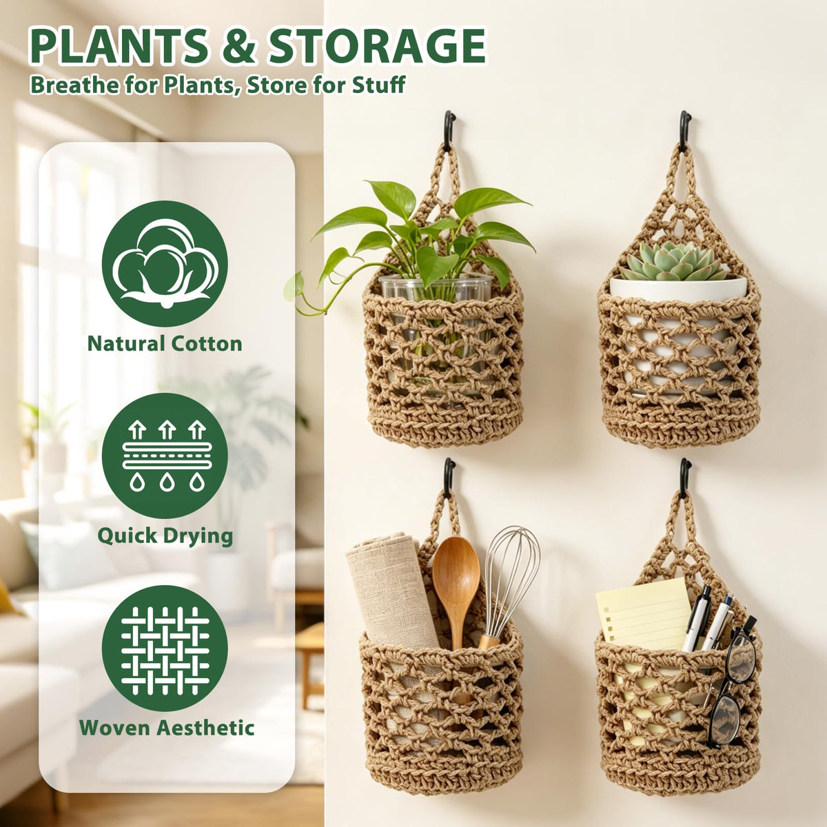 DOODLEBEAN 4 PCS 5-Inch Macrame Wall Plant Hangers, Small Wall Hanging Plant Holder with Hooks, Natural Cotton Rope Hanger for Indoor Plants & Daily Storage, Boho Home Decor