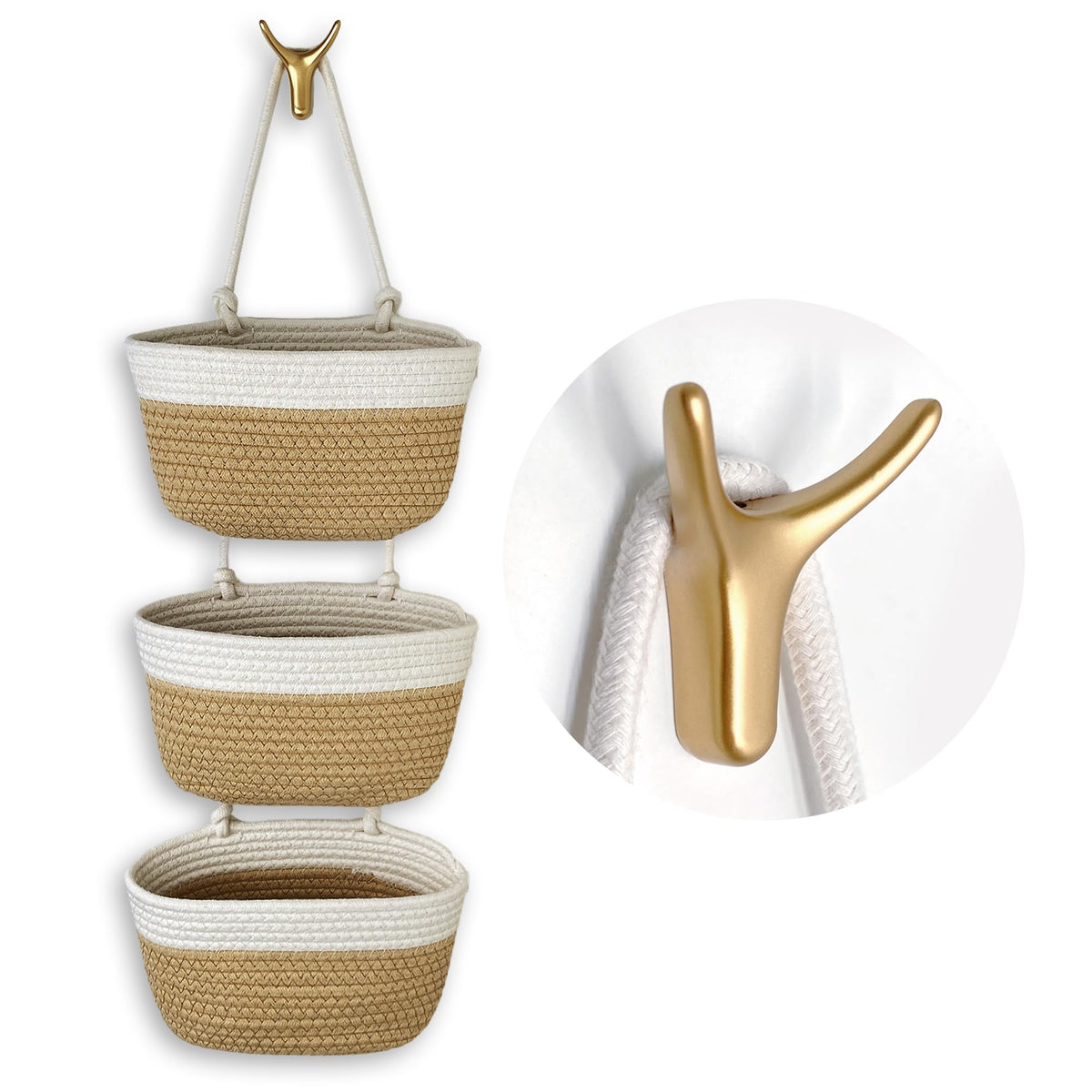 3-Tier Decorative Cotton Rope Hanging Basket, Wall-Mounted Woven Storage Organizer Bag, White + Jute