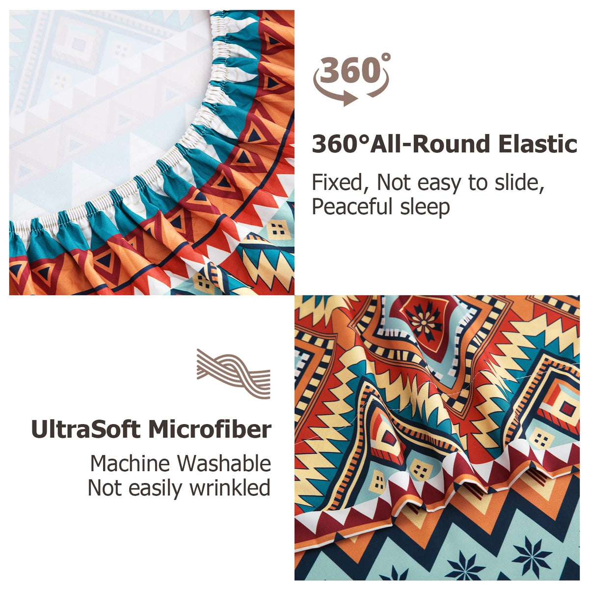 CozySmile 4 Pieces King Sheet Set Bohemian, Boho Sheets Soft Microfiber Deep Pocket, Western Sheets Geometric(King, Rust Turquoise Diamond)