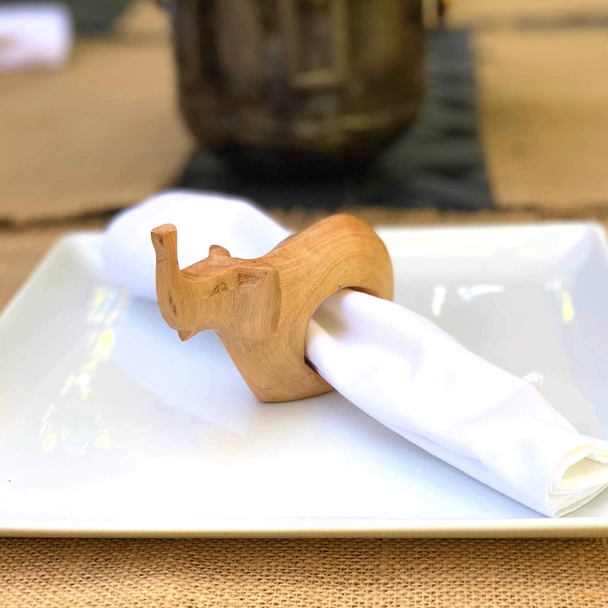 Global Crafts - Handcarved Mahogany Wooden Napkin Ring Holders, Elephant, Set of 6 - Rustic Decor