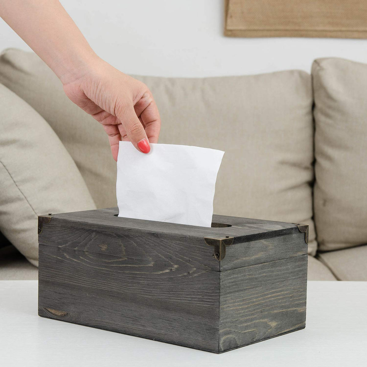 Liry Products Rustic Gray Distressed Wood Facial Tissue Paper Box Metal Corner Brackets Hinge Lid Top Cover Torched Wooden Holder Standard Size Rectangular Napkin Dispenser Bathroom Kitchen Bedroom