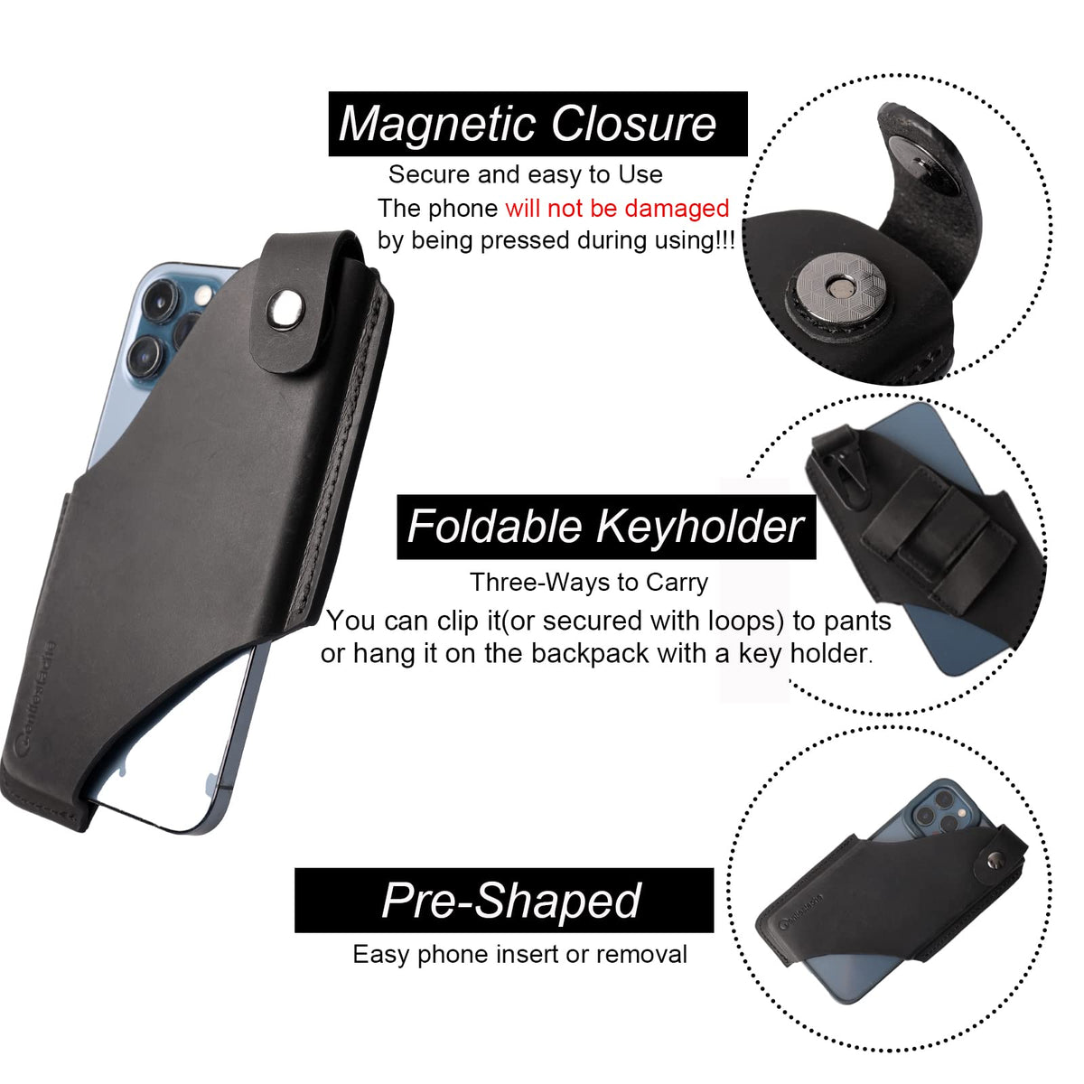 Gentlestache Leather Cell Phone Holster with Belt Clip,Leather Phone Pouch for iPhone Samsung Motorola,Belt Case with Belt Loops,Leather Phone Case on Belt,Cell Phone Sheath,Large Size,Black