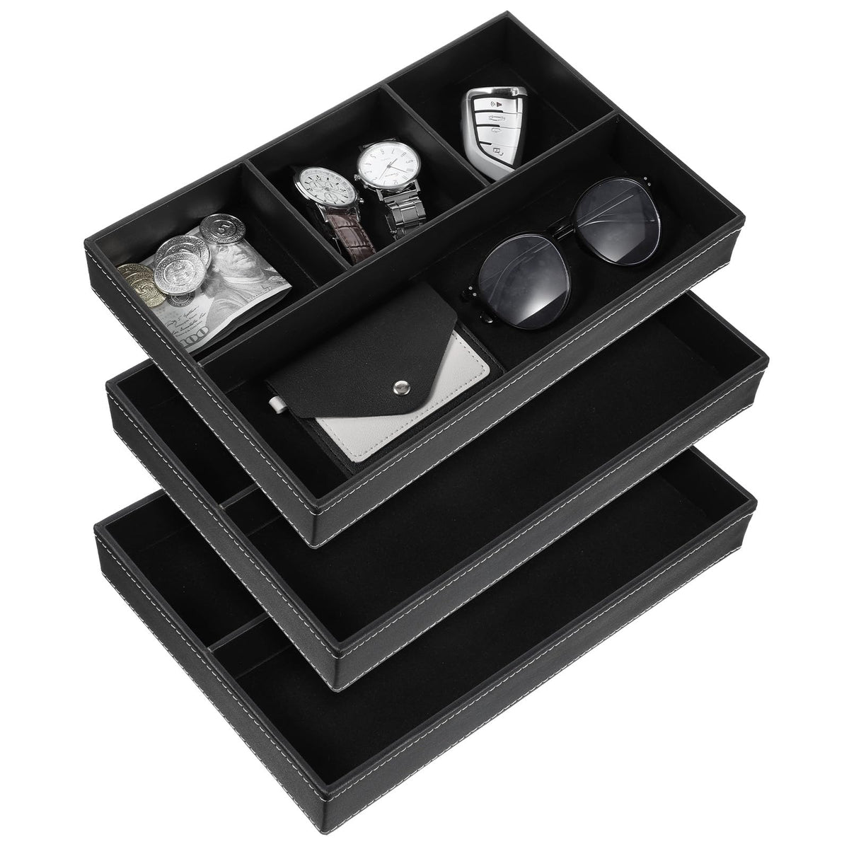Giloaou 3 Pieces Faux Leather Valet Tray Set, Stackable Jewelry Organizer with Soft Lining, Dresser Storage Box for Nightstand, Key, Wallet, Watch, Phone, Sunglass, Coin, Black