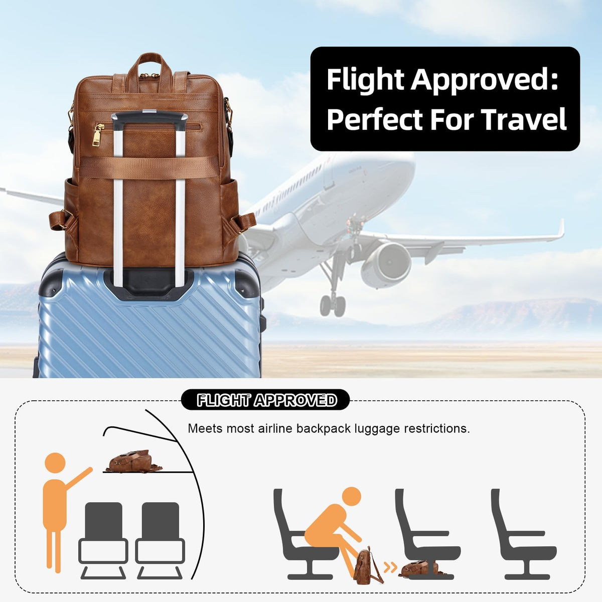 KKXIU Backpack Purse for Women - Multi-pocket Leather backpack for Travel, Work & School with Anti-Theft Lock Pocket, Luggage Strap & Water Bottle Pockets - 13x14x5.2 Inch (B-Brown)