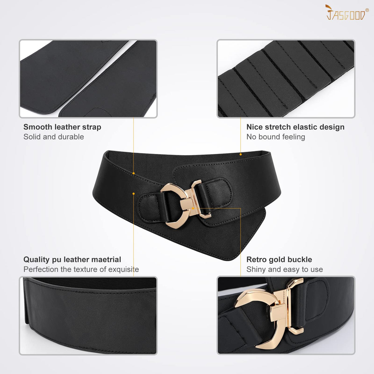 JASGOOD Women's Fashion Vintage Wide Elastic Stretch Waist Belt with Gold Interlock Buckle Halloween Belt (Matte Black,Suit Waist 36-42 Inch)