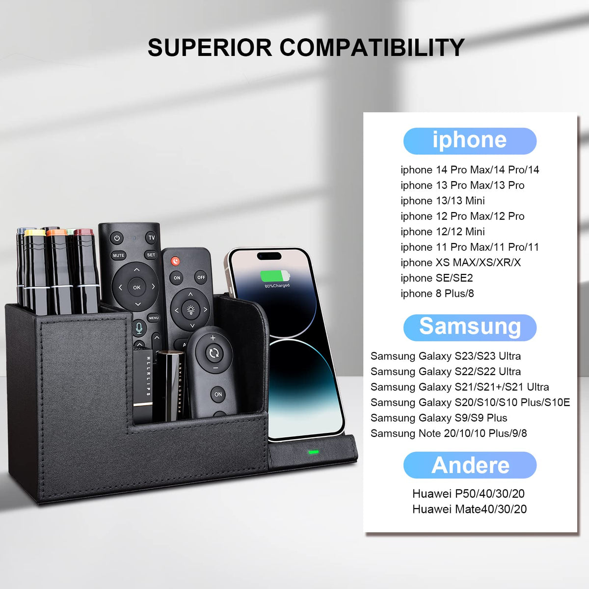 Wireless Charger with Desk Organizer, Wireless Charging Station for iPhone 13/13 Pro Max/13 Pro/12 Series/11/XS Max/XR/X/8Plus/SE 2, Wireless Charging Stand with Leather… (Black L)
