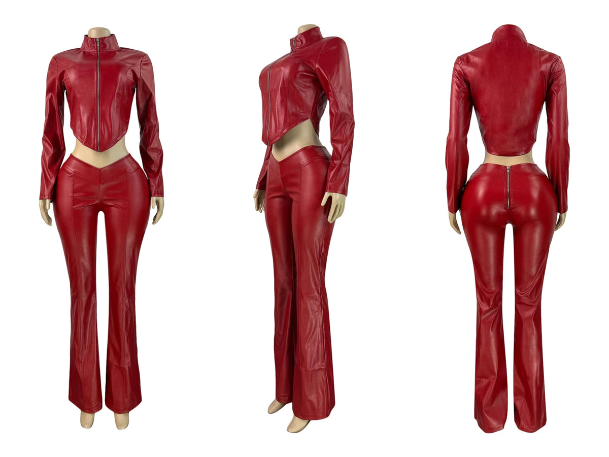 BIUPOS Women’s 2 Piece Sets Zip Up Long Sleeve Leather PU Jacket Flare Pants Set Fall Y2K Streetwear Date Night Club Outfits