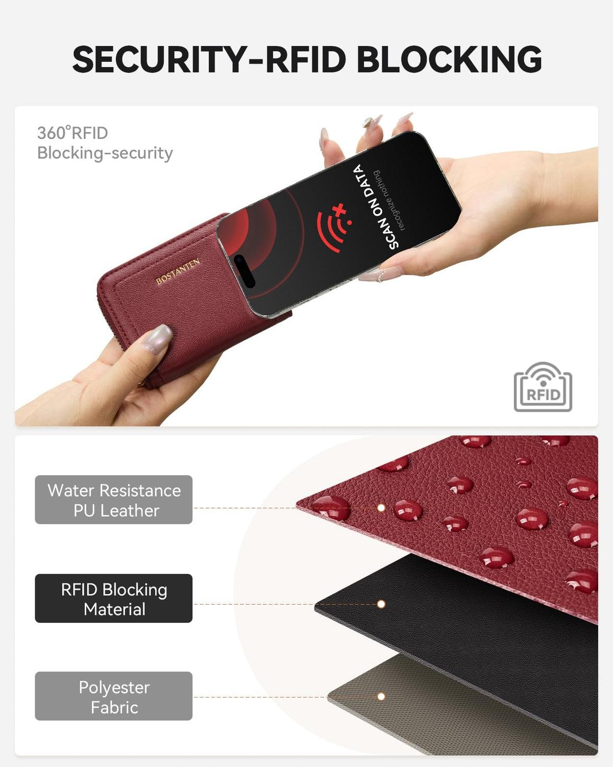 BOSTANTEN Credit Card Holder RFID Leather Small Wallets Woman, Accordion Zipper Card Wallet, Wine Red