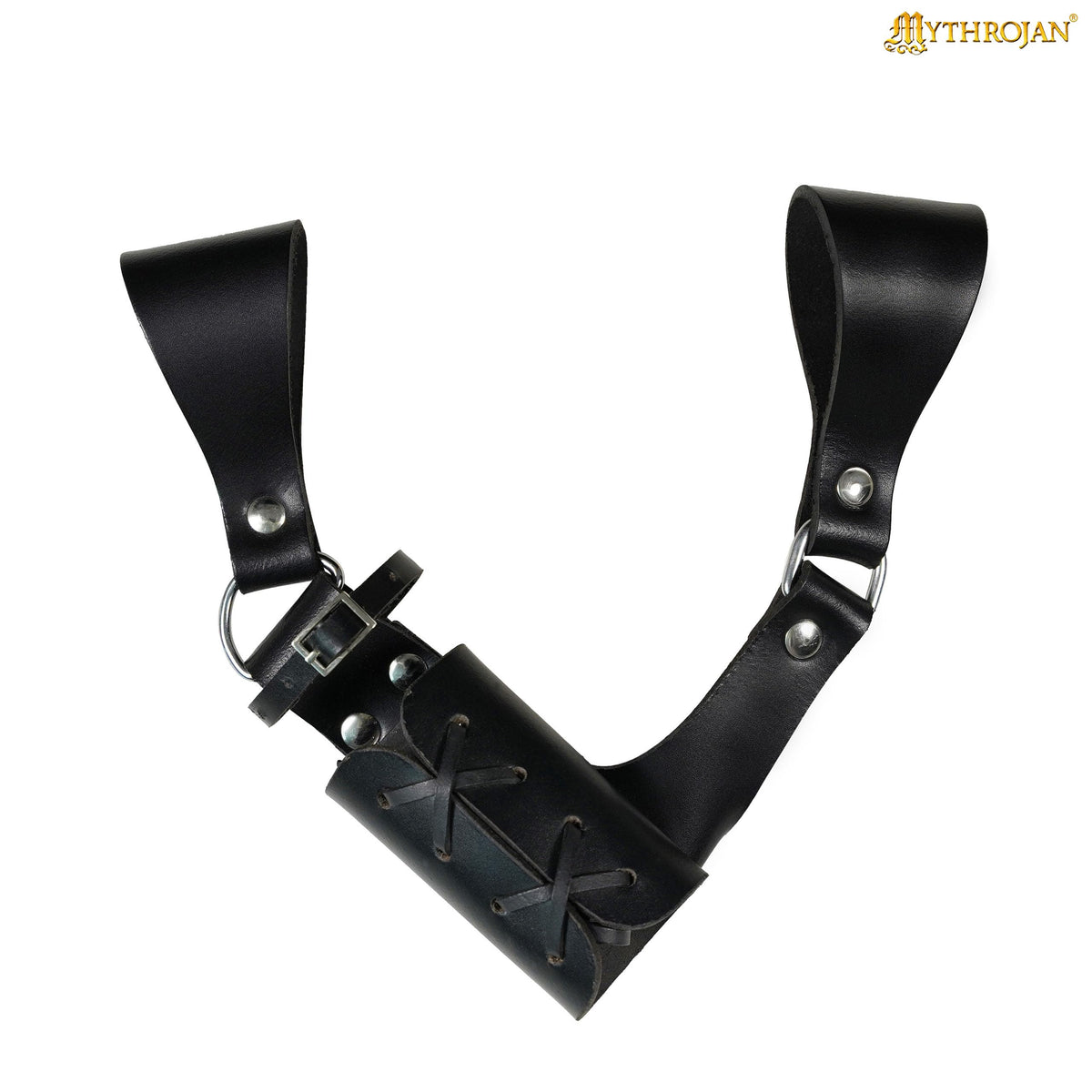 Mythrojan Medieval Sword Frog Adventurer with Leather Holder for Universal Rapier, Broadsword, Cutlass, Belt Mount Scabbard Hanger for LARP, Reenactment & Costume, Black - 8" x 8"