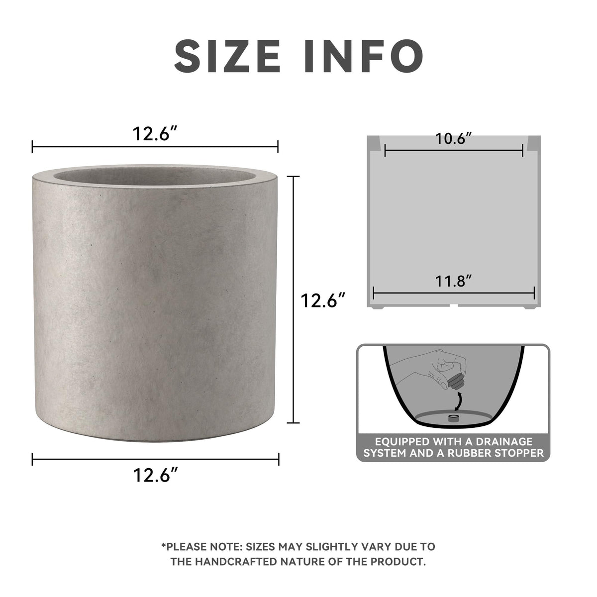 Kante 12.6" Dia Round Concrete Planter, Modern Style Large Cylindrical Plant Pot with Drainage Hole and Rubber Plug for Indoor Outdoor Patio, Weathered Concrete