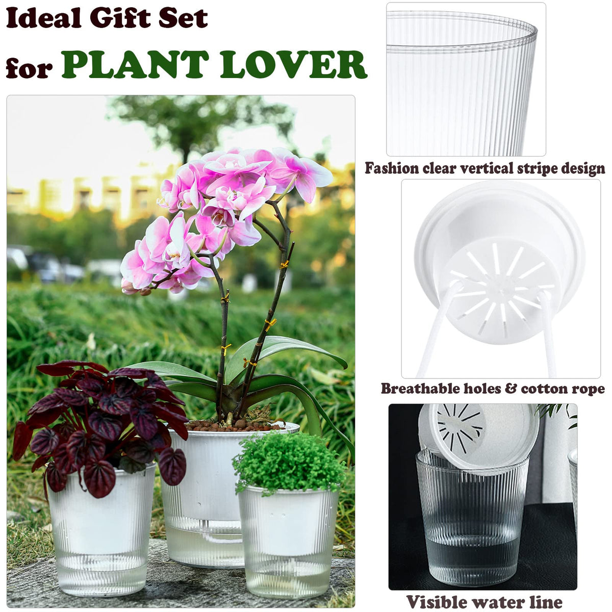 4-Pack 6.5 Inches Clear Self-Watering Planters and Pots for Indoor Plants Large Orchid Plant Pots Plastic Wick Flower Pots, African Violet Pot Set, Home Decor Pot