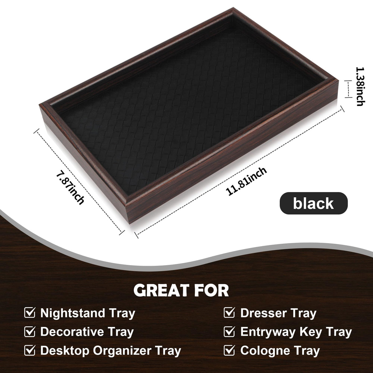 Zosenley Wooden Valet Tray with Leather Base - Nightstand Catchall Organizer for Cologne, Perfume, Keys, Wallet, Phone, Watch, Jewelry & Sunglasses (Black)