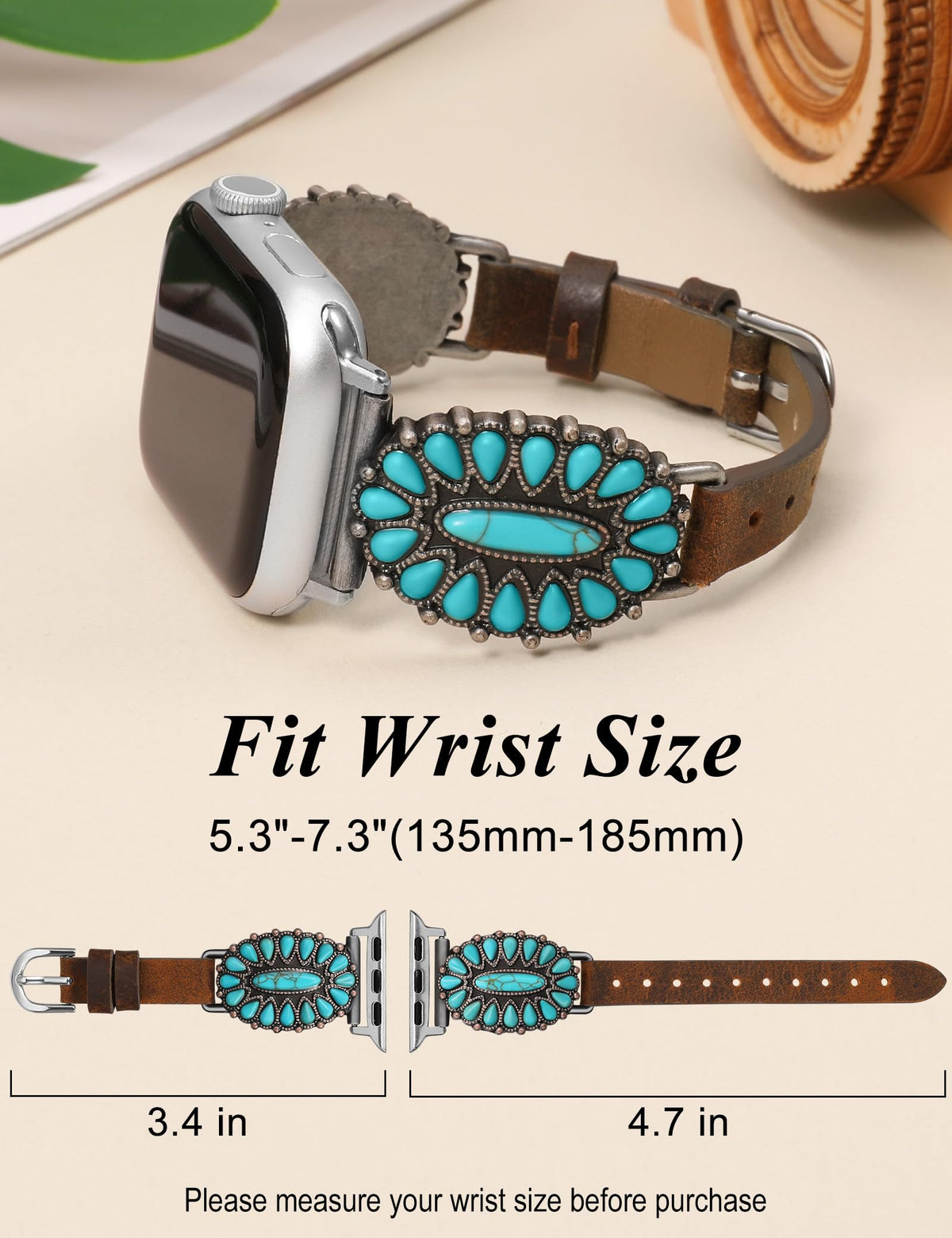 Minyee Leather Band Compatible with Apple Watch Band Women 42/46/38/40/41/44/45/49mm, Western Boho Turquoise Vintage Retro Designer Brown Slim Thin Strap for iWatch Series 11 10 9 SE 8 7 6 5 4 Ultra