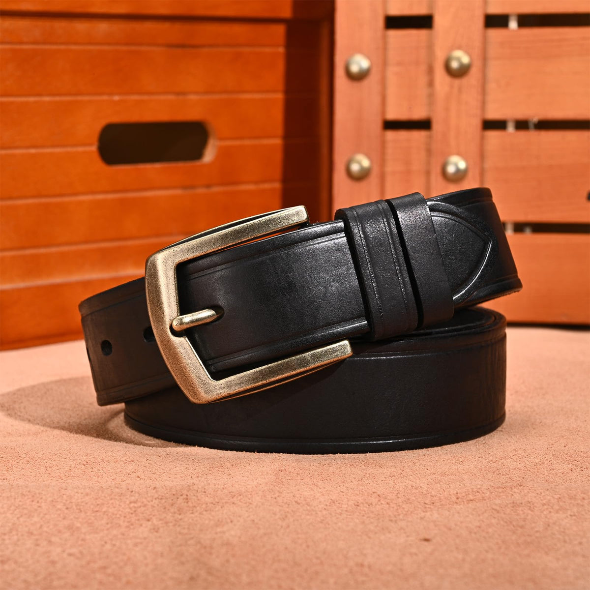 Rollslatte Men Leather Belt with Retro Brass Buckle, Plain Black Western Cowboy Real Italian Full Grain Genuine Pure Leather Mens Belts Casual for Jeans Size 34