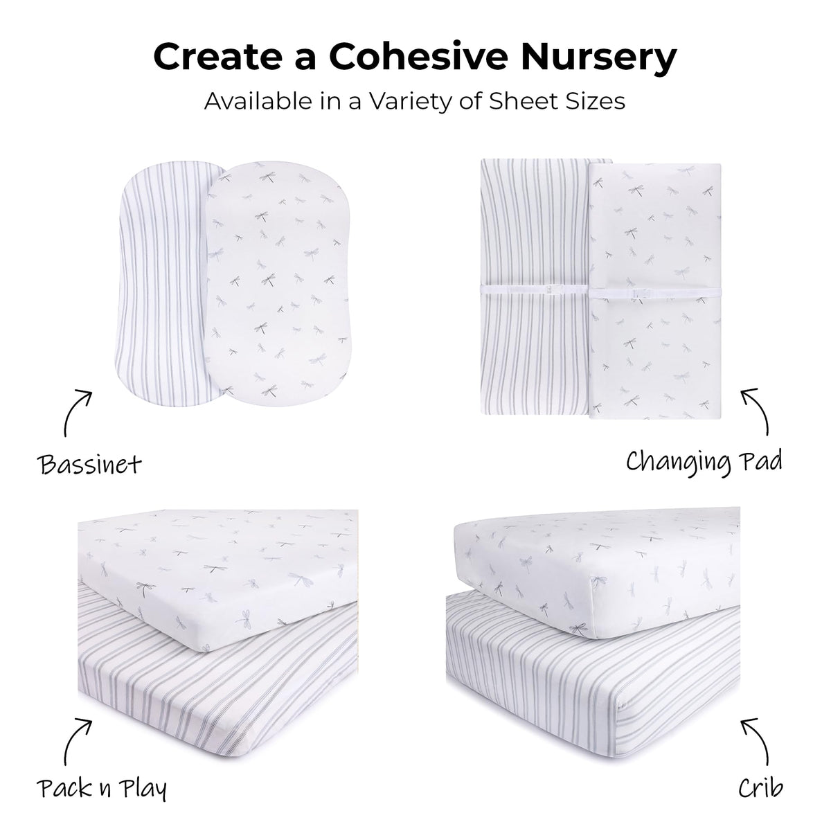 Ely's & Co. Pack and Play Sheets, for Mini/Portable Crib, 2 Pack Fitted Playpen Play Yard Sheet Set Compatible with Graco Pack n Play, for Baby Boys, 100% Cotton, 38”x24”x5” Blue Dragonfly + Stripes