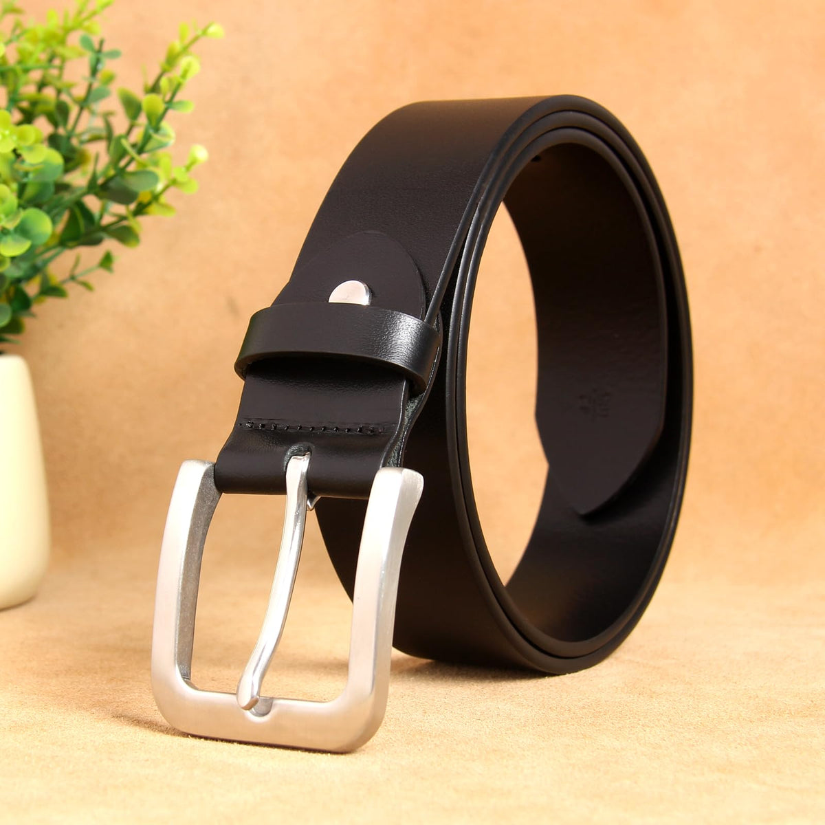 Mgailw Men's Genuine Leather Belt 1 1/2" Classic & Versatile Prong Buckle in Full-Grain Leather Trim to Fit(28" to 32" Waist Adjustable)