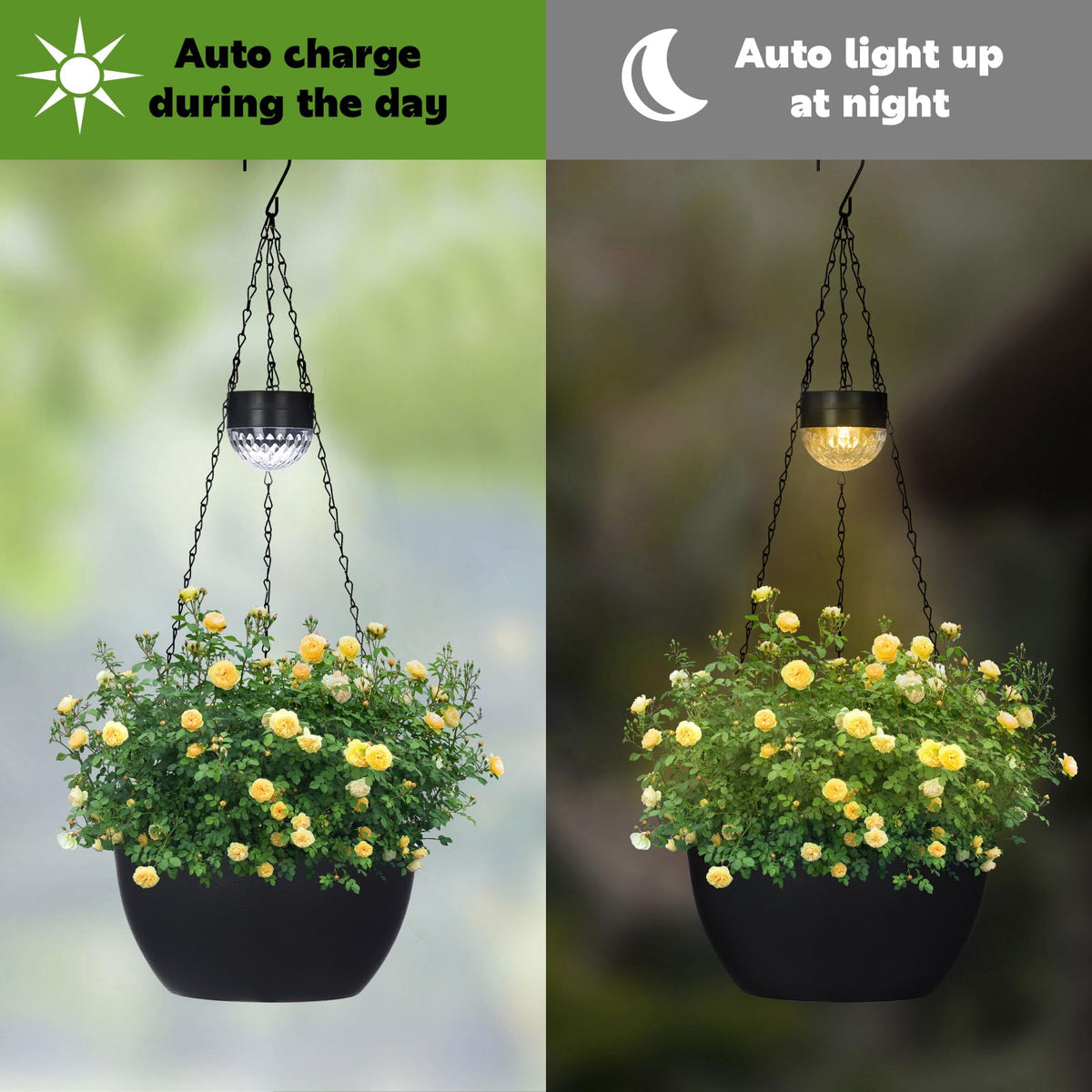 BAYN 2 Packs Solar Hanging Basket Planters for Plants Outdoor, Self Watering Black Flower Plants Pots with Solar Light Drainer for Balcony Patio Garden Outdoor Decoration