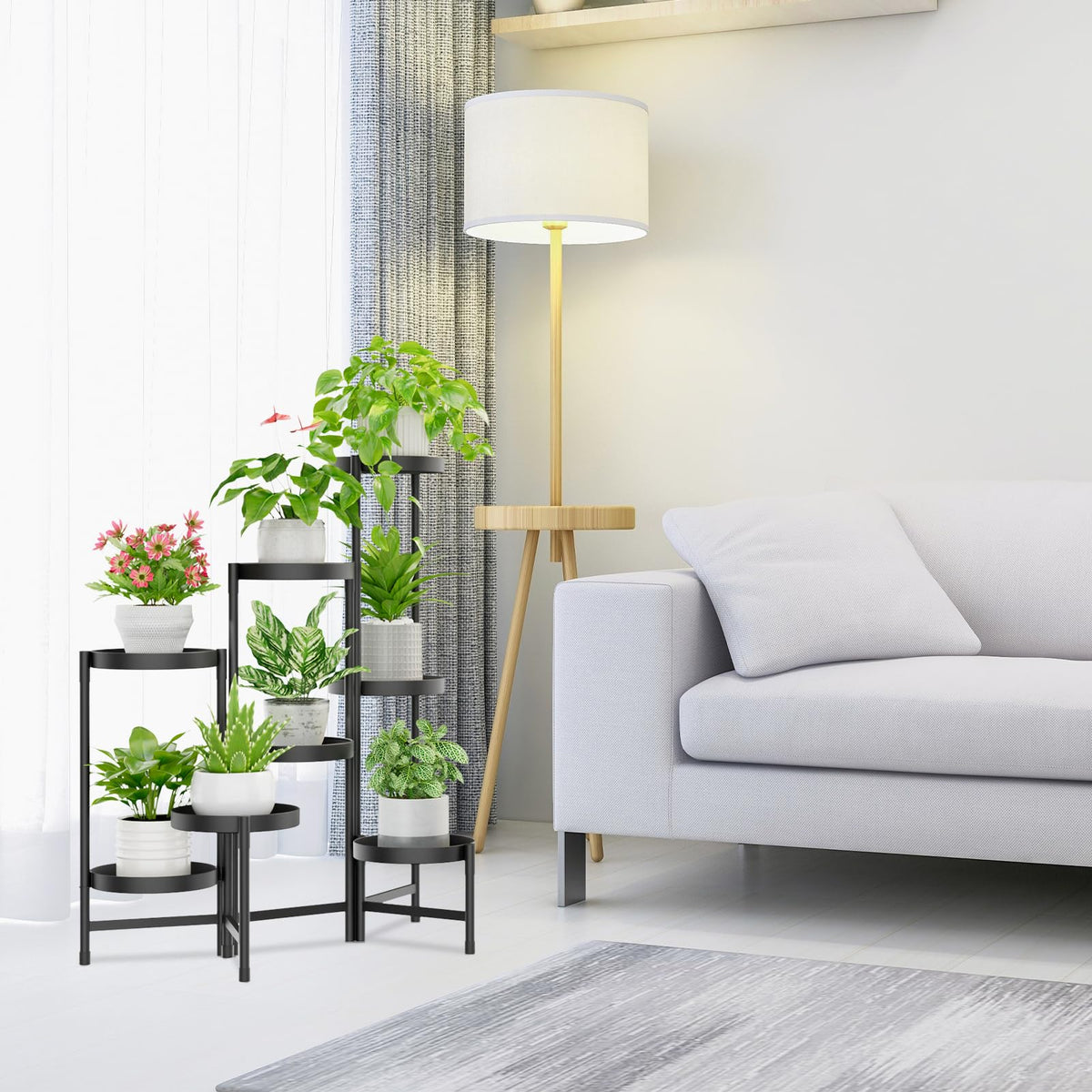 iDavosic.ly Plant Stand Indoor Outdoor, 8 Tier Corner Metal Flower Display Holder Shelf, Folding Tall Orchid Rack for Patio Balcony Porch Garden Living Room House, Black