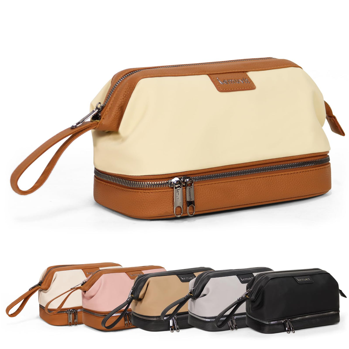 Lemuvlt Double-Layer Toiletry Bag, Water-Resistant Hybrid Leather Cosmetic Organizer with Wet/Dry Compartments, 26x15x16cm (Cream, Double layer)