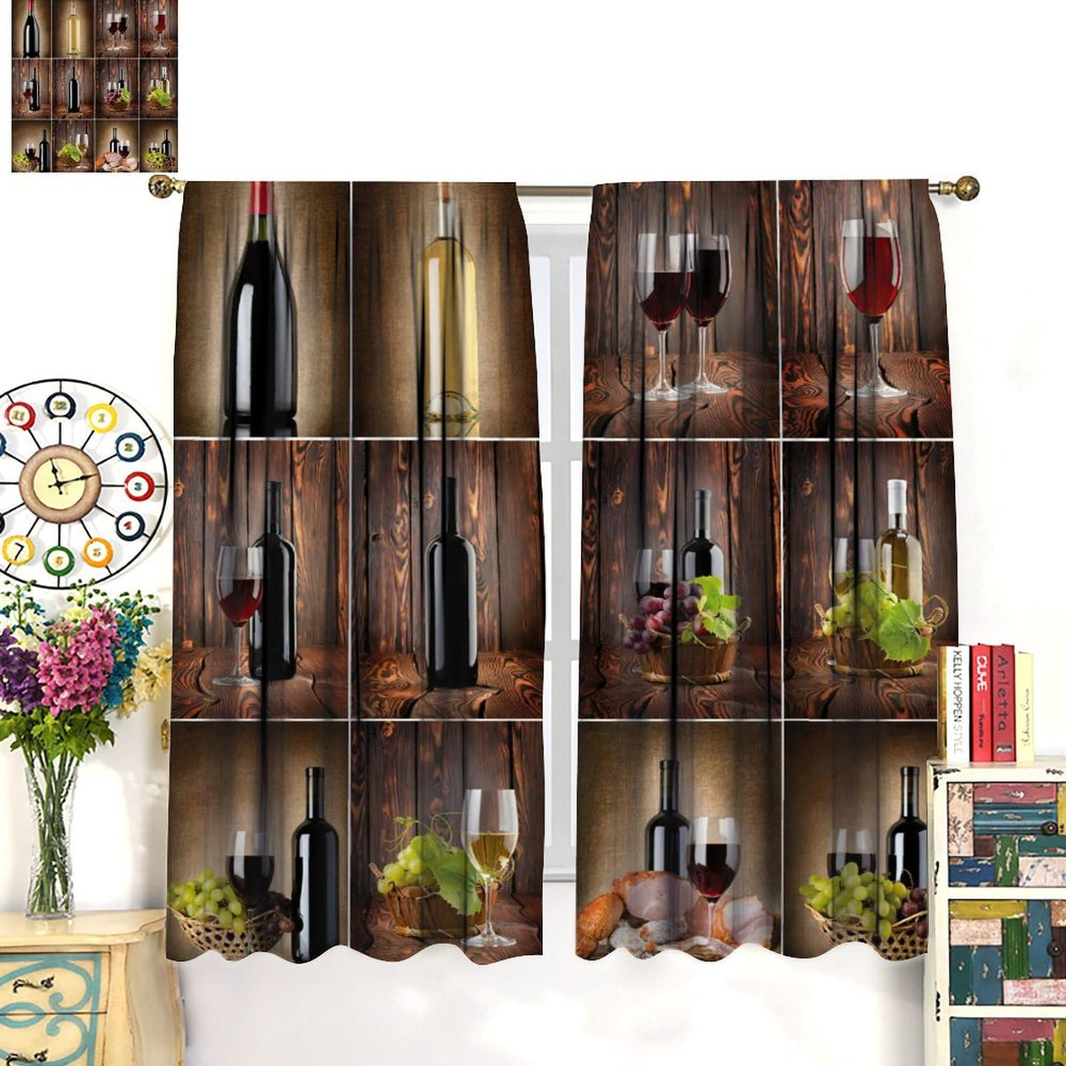 BenYaSong Wine Decor Window Curtain Wine Themed Collage on Wooden Backdrop with Grapes and Meat Rustic Country Drink for Home Kitchen Livingroom Coffee Room Window Curtain Drapes 2 Panels 42x45 Inch